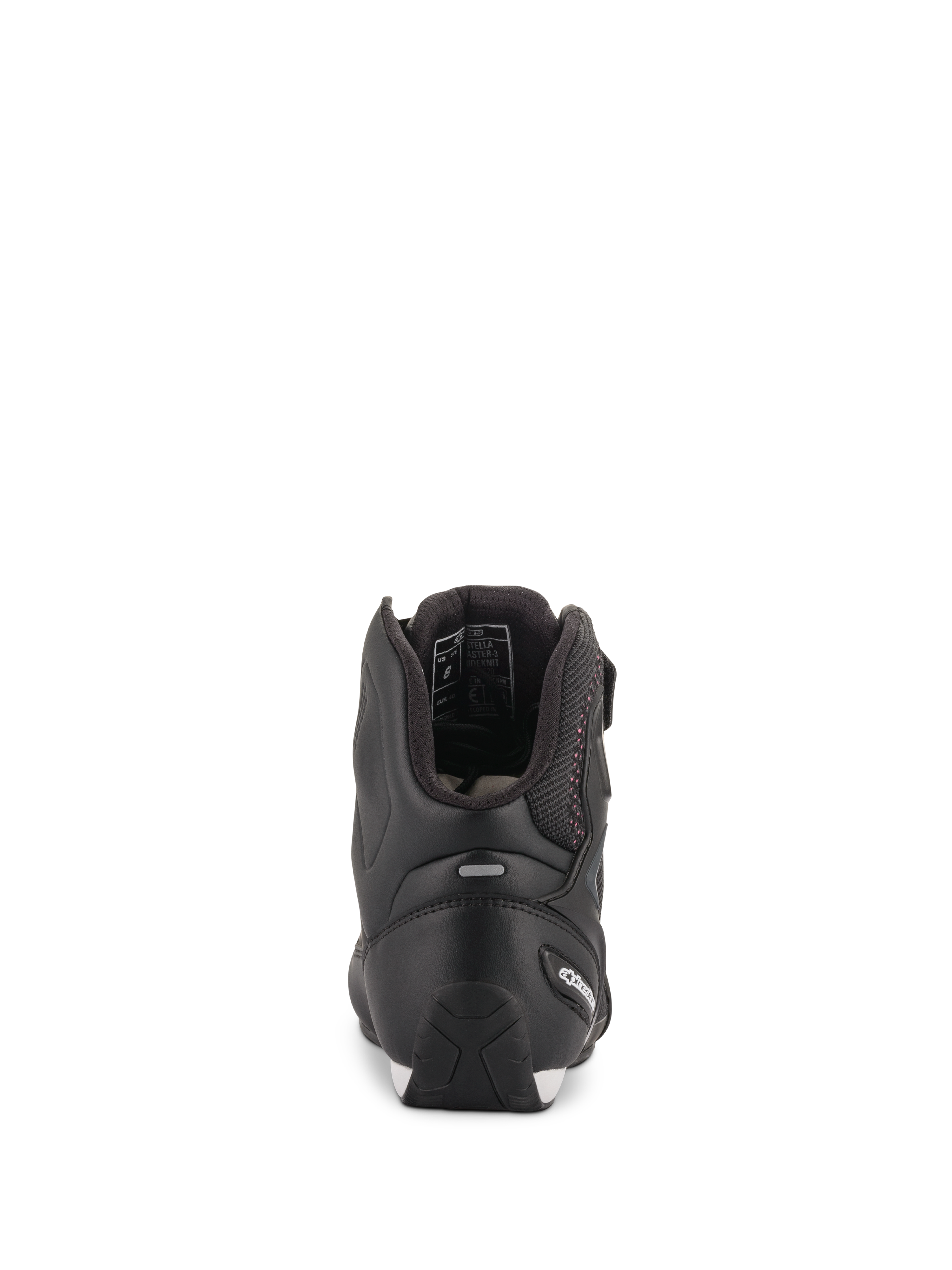 Alpinestars Stella Faster-3 Rideknit® sko til kvinder, sort med lyserøde detaljer, set bagfra med hælbeskyttelse og refleksstribe, high-top motorcykelsko i åndbart strikmateriale
