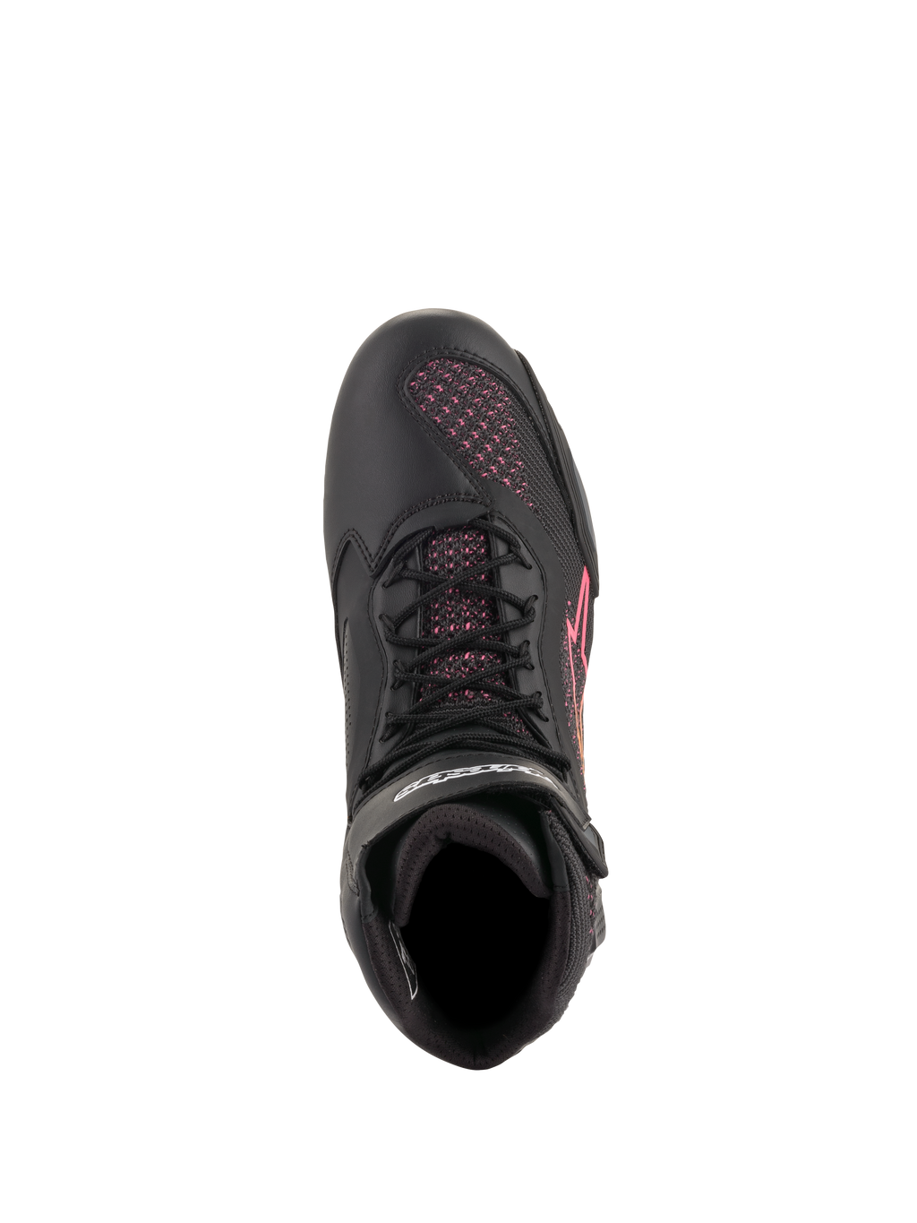 Alpinestars Stella Faster-3 Rideknit® sko til damer, motorcykelsko, sort, gul og pink, set ovenfra med fokus på sorte snørebånd og pink strikkede mesh-paneler, let og åndbart sportsfodtøj