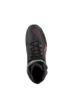 Alpinestars Stella Faster-3 Rideknit® sko til damer, motorcykelsko, sort, gul og pink, set ovenfra med fokus på sorte snørebånd og pink strikkede mesh-paneler, let og åndbart sportsfodtøj