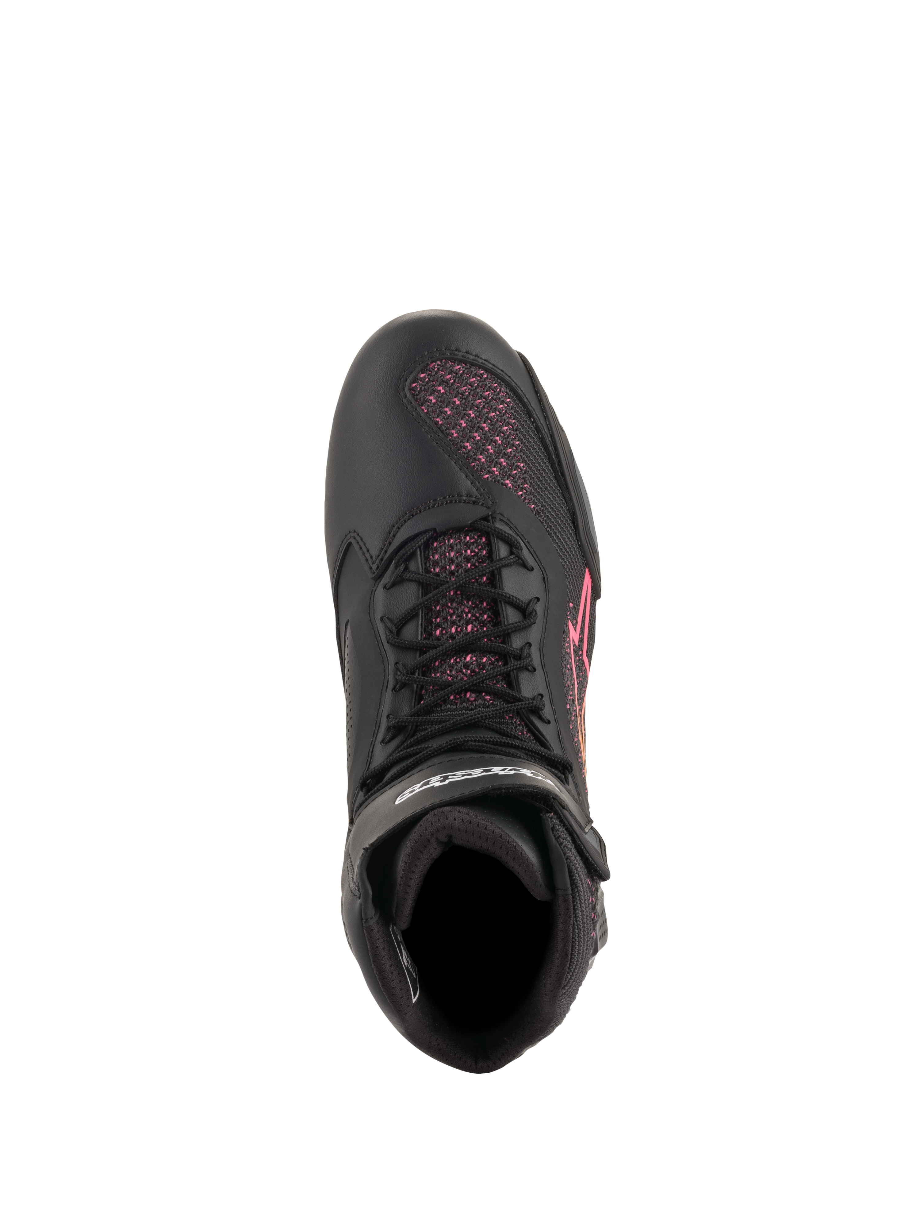 Alpinestars Stella Faster-3 Rideknit® sko til damer, motorcykelsko, sort, gul og pink, set ovenfra med fokus på sorte snørebånd og pink strikkede mesh-paneler, let og åndbart sportsfodtøj