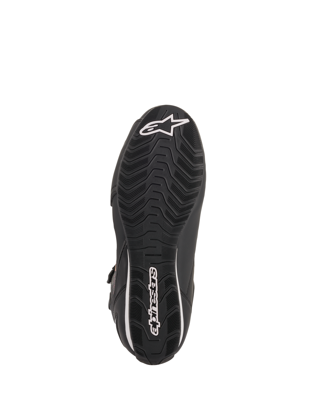 Alpinestars Stella Faster-3 Rideknit® sko til damer, sort, gul og pink, visning af ydersålen med sort gummisål med bølgeformet mønster, hvidt Alpinestars-logo og navnetræk, slidstærkt design til motorcykelkørsel på vej