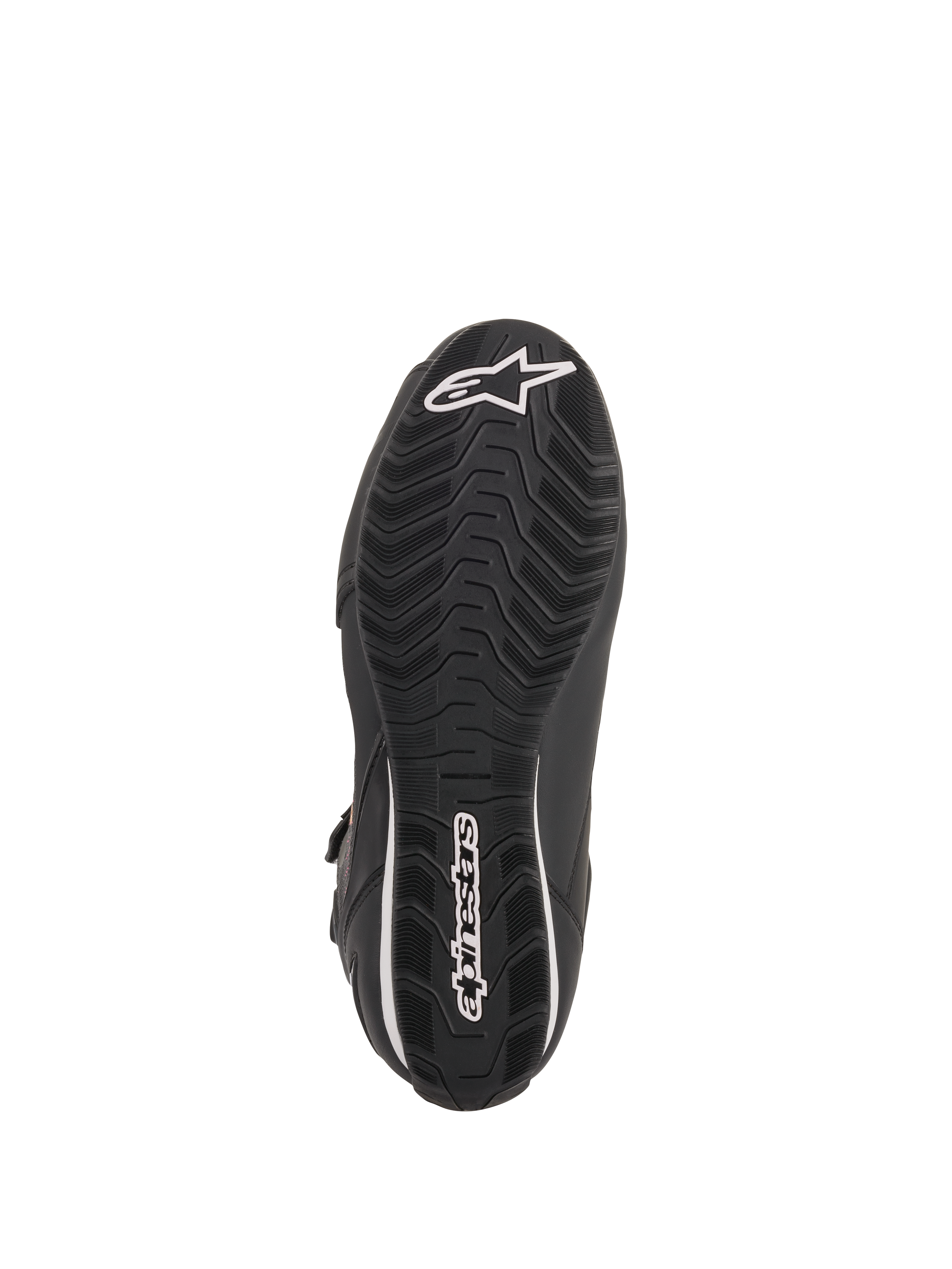 Alpinestars Stella Faster-3 Rideknit® sko til damer, sort, gul og pink, visning af ydersålen med sort gummisål med bølgeformet mønster, hvidt Alpinestars-logo og navnetræk, slidstærkt design til motorcykelkørsel på vej