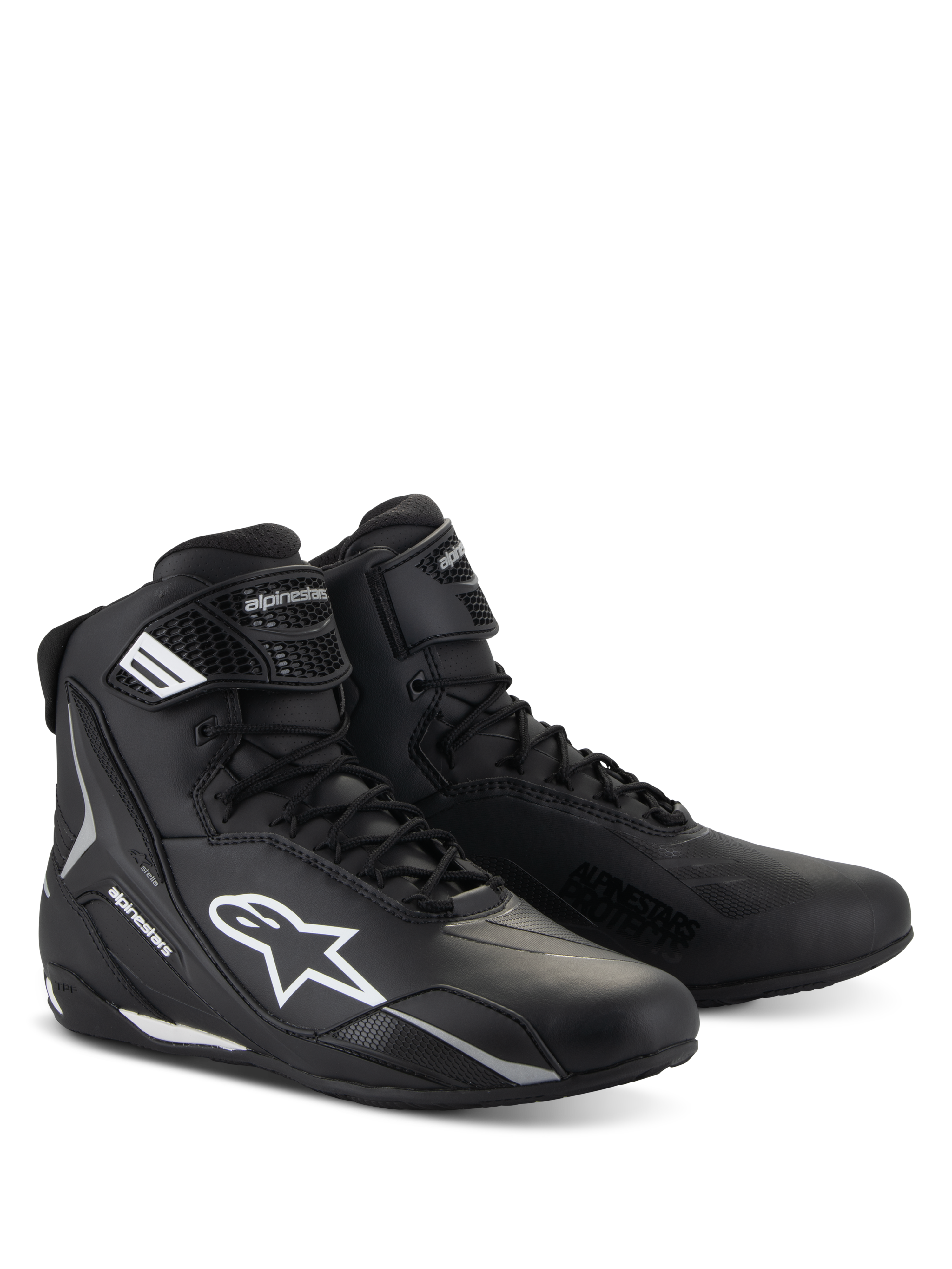 Alpinestars Stella Faster-4 sko, motorcykelsko til damer, sort med hvide detaljer, high-top sporty design med snørelukning og velcro-ankelrem, holdbar mikrofiberkonstruktion med beskyttende sidelogoer