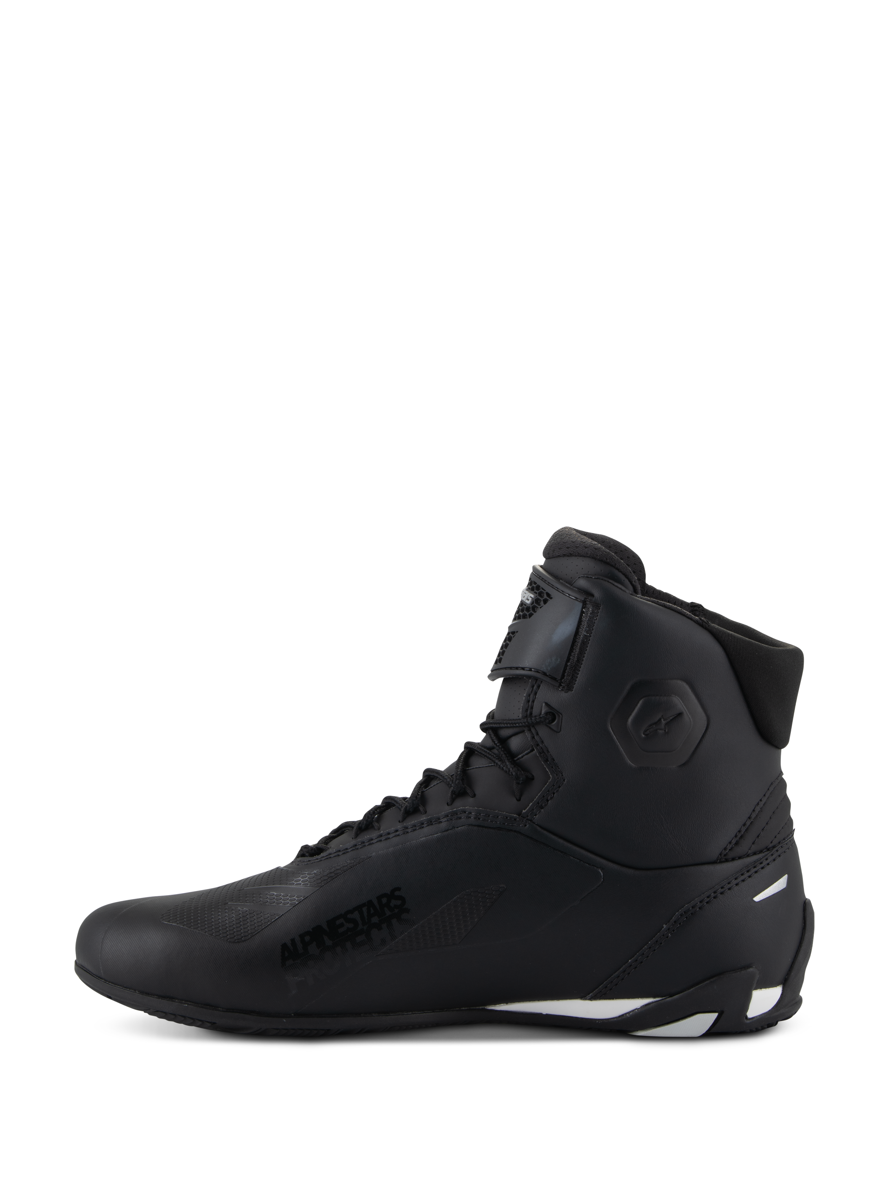 Alpinestars Stella Faster-4 sko, køresko til kvinder, sort med hvide detaljer, sideprofil, high-top design med snørebånd og justerbar ankelrem, beskyttende motorcykelfodtøj