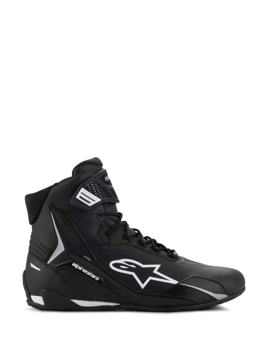 Alpinestars Stella Faster-4 sko, motorcykelsko til damer, sort og hvid, høj model med Astars-logo og ankelrem, sideprofil