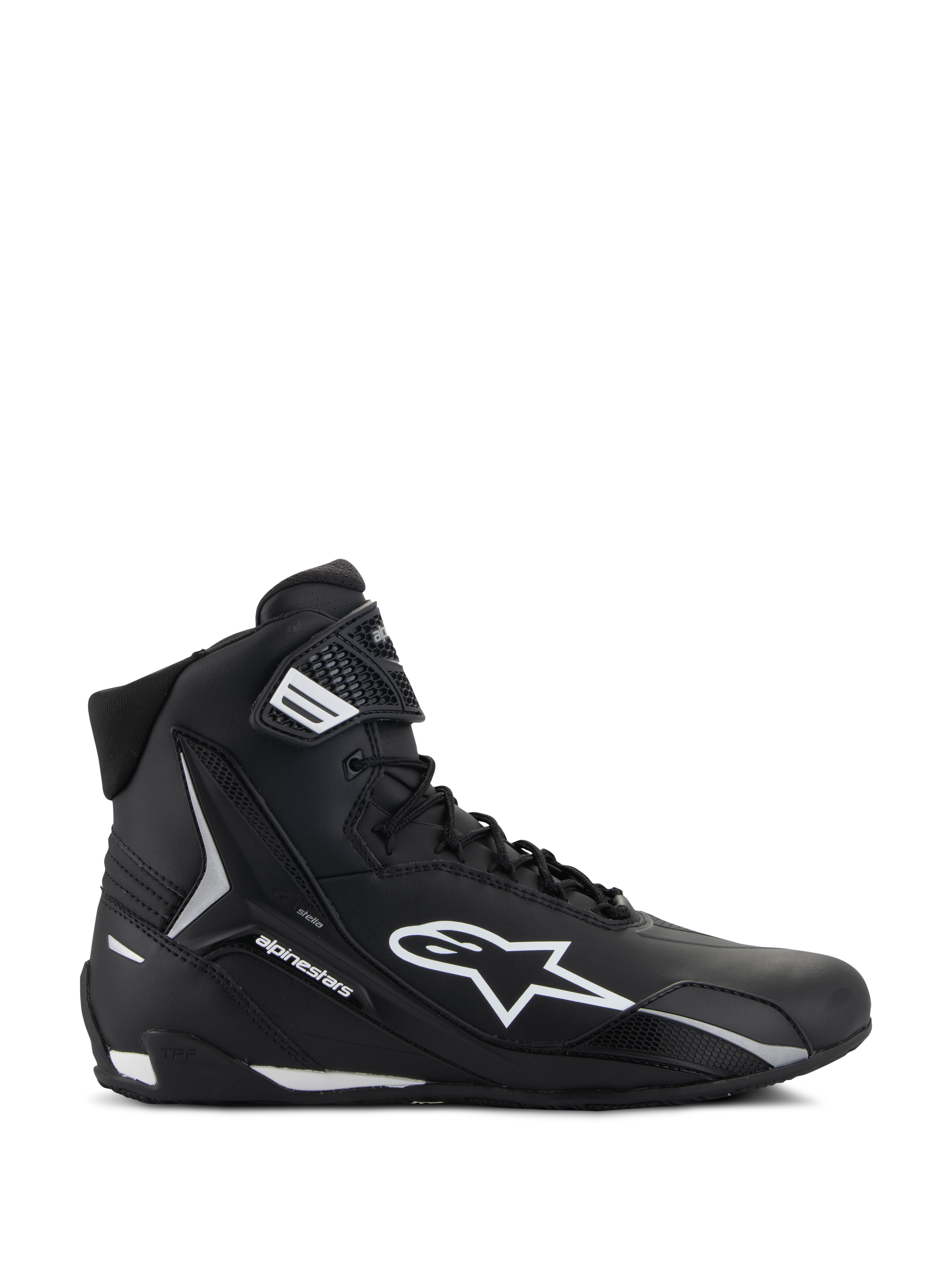 Alpinestars Stella Faster-4 sko, motorcykelsko til damer, sort og hvid, høj model med Astars-logo og ankelrem, sideprofil