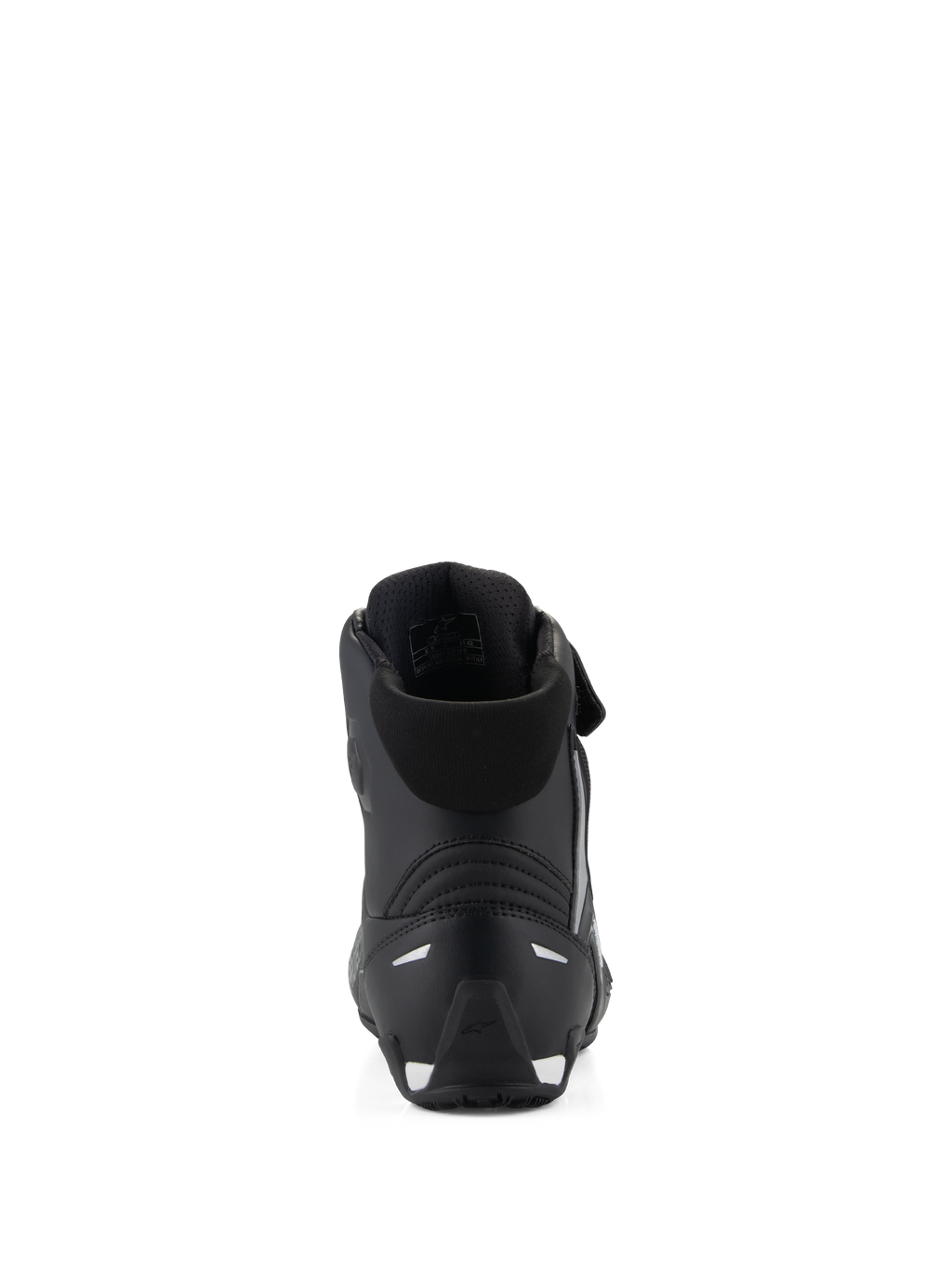 Alpinestars Stella Faster-4 sko, motorcykel-køresko til kvinder, sort, set bagfra, viser den polstrede krave, forstærket TPR-hælkappe og reflekterende detaljer, strømlinet performance-design til vejkørsel