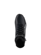 Alpinestars Stella Faster-4 sko, køresko til kvinder, sort, set oppefra, sorte snørebånd, hvidt Alpinestars stjernelogo, justerbar ankelrem, strømlinet mikrofiberdesign til vej- og sportskørsel