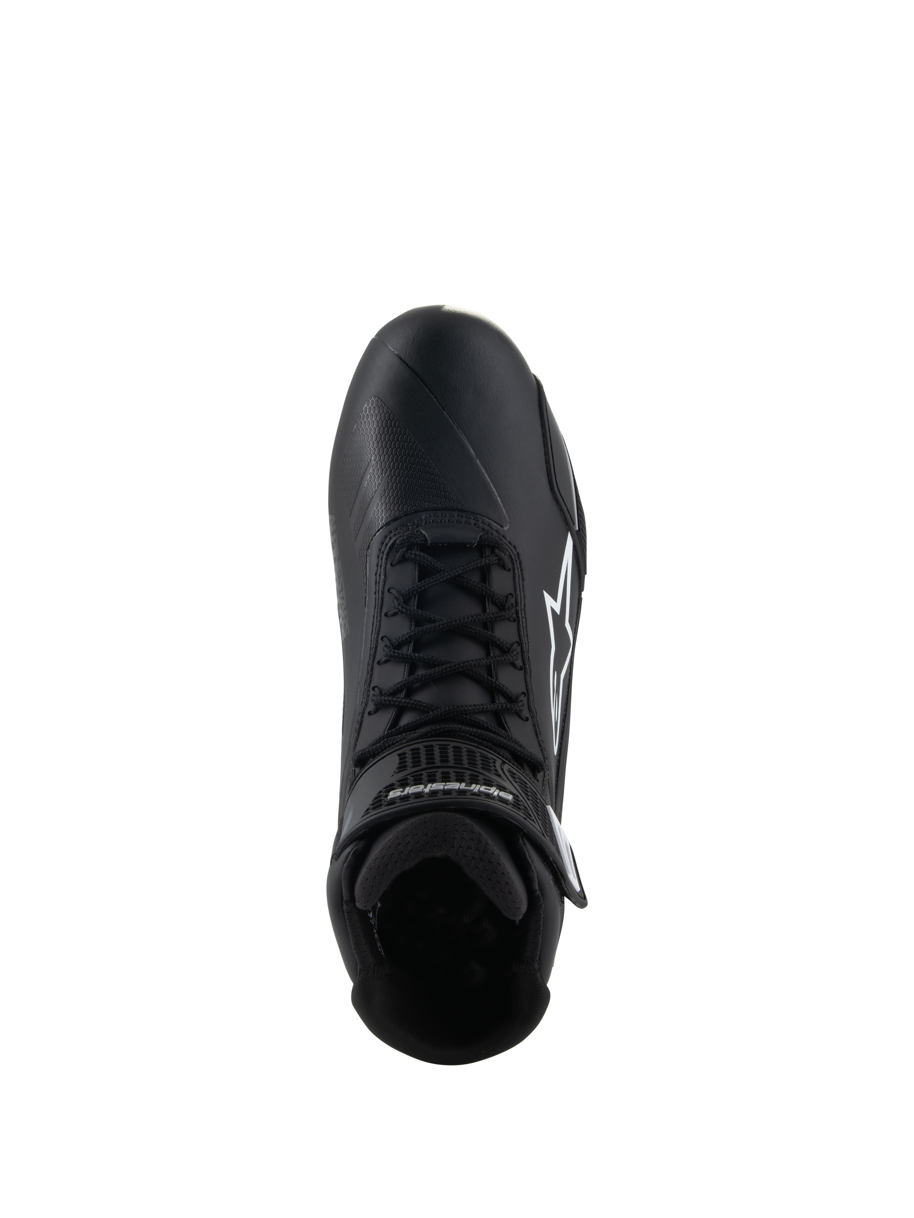 Alpinestars Stella Faster-4 sko, køresko til kvinder, sort, set oppefra, sorte snørebånd, hvidt Alpinestars stjernelogo, justerbar ankelrem, strømlinet mikrofiberdesign til vej- og sportskørsel
