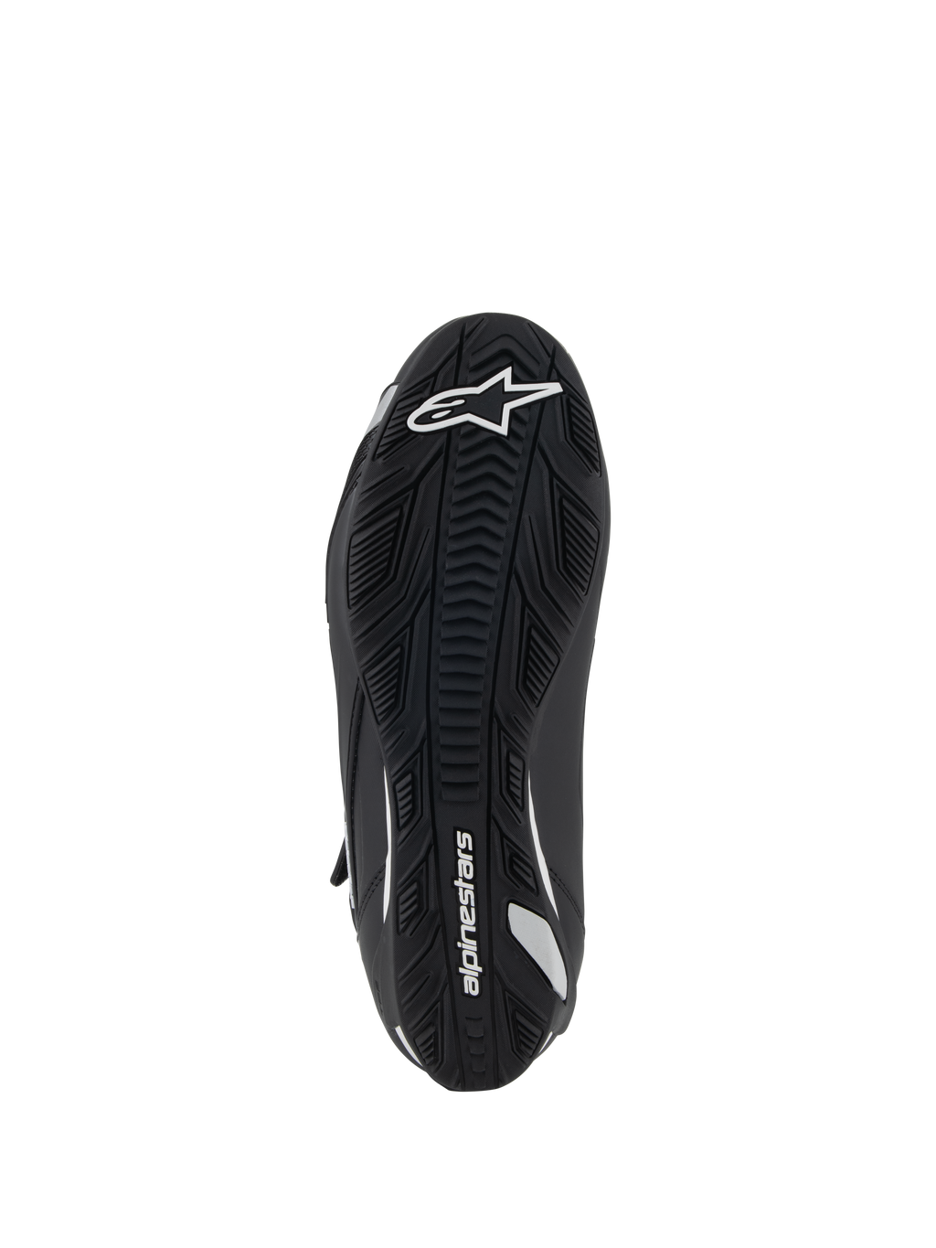 Alpinestars Stella Faster-4 køresko til kvinder, set nedefra, sort gummisål med tekstureret greb, hvidt Alpinestars-logo og branding, ergonomisk design for trækkraft og støtte