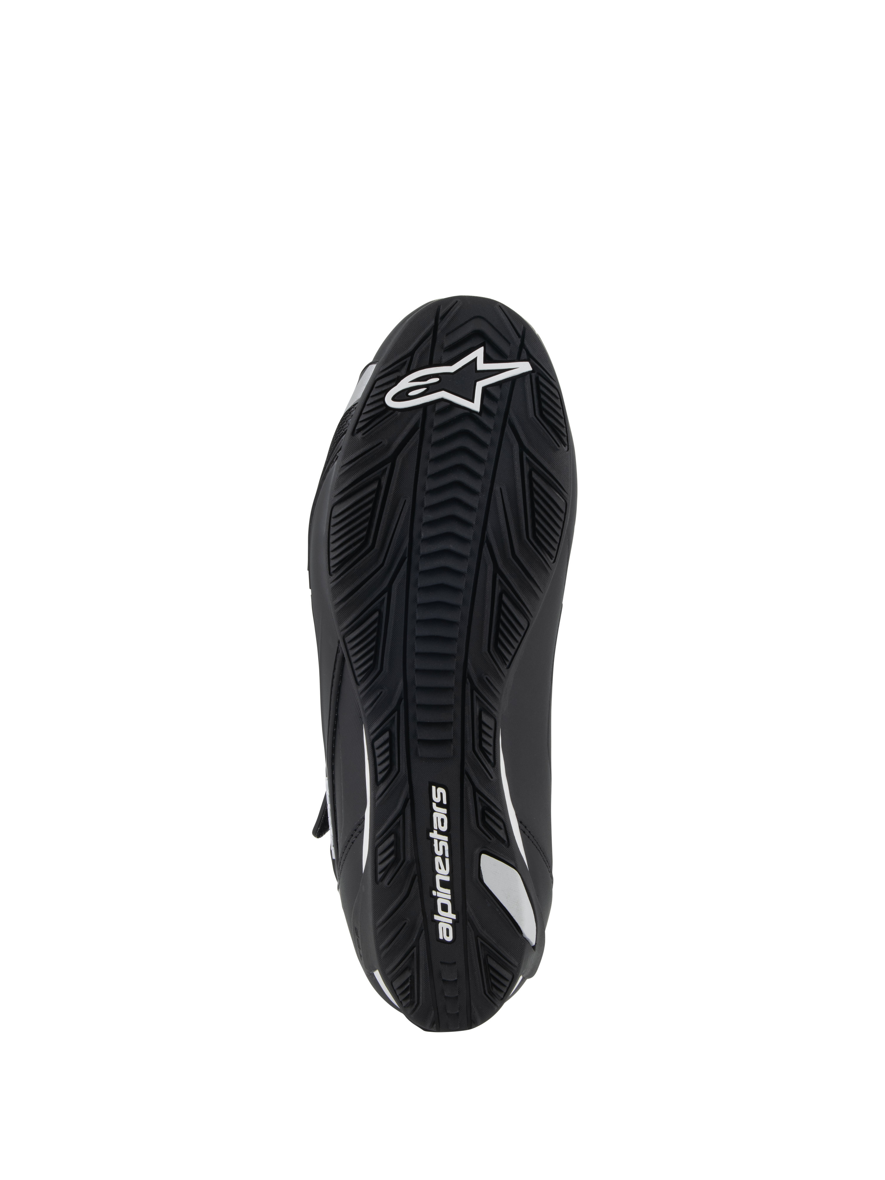 Alpinestars Stella Faster-4 køresko til kvinder, set nedefra, sort gummisål med tekstureret greb, hvidt Alpinestars-logo og branding, ergonomisk design for trækkraft og støtte