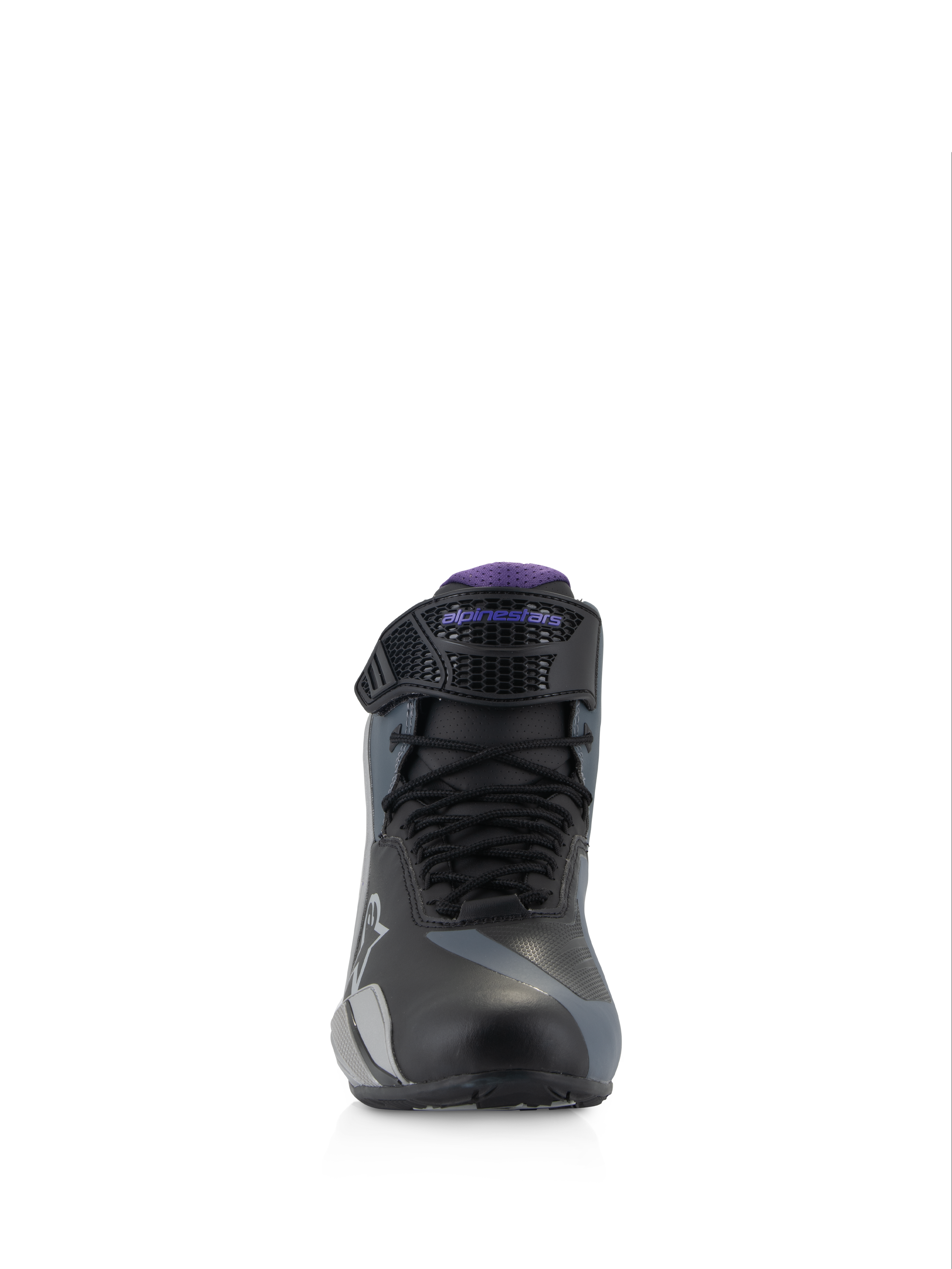 Alpinestars Stella Faster-4 Women's Road Riding Shoes, Black Gray Violet, front view with laces and adjustable strap.