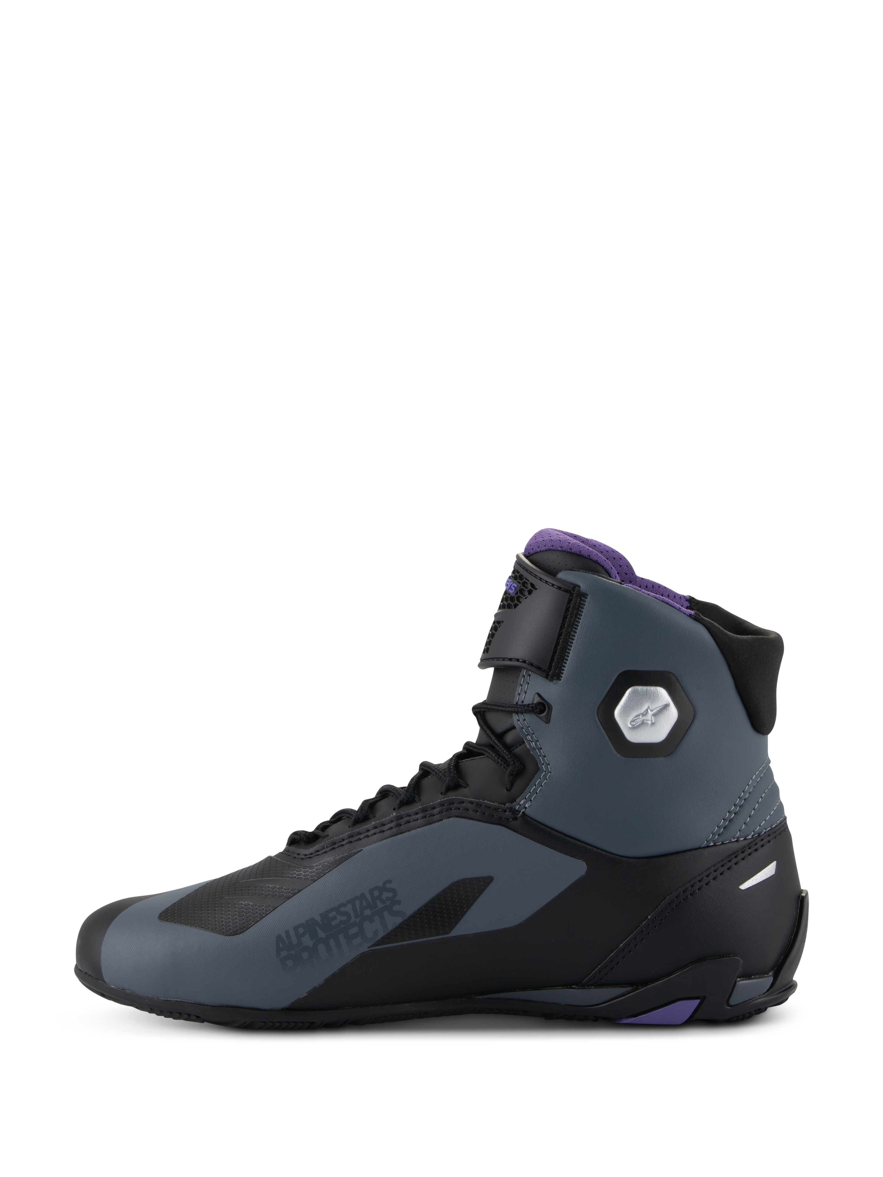 Alpinestars Stella Faster-4 Women's High-Top Riding Shoes, Black and Gray with Violet accents and ankle protection.