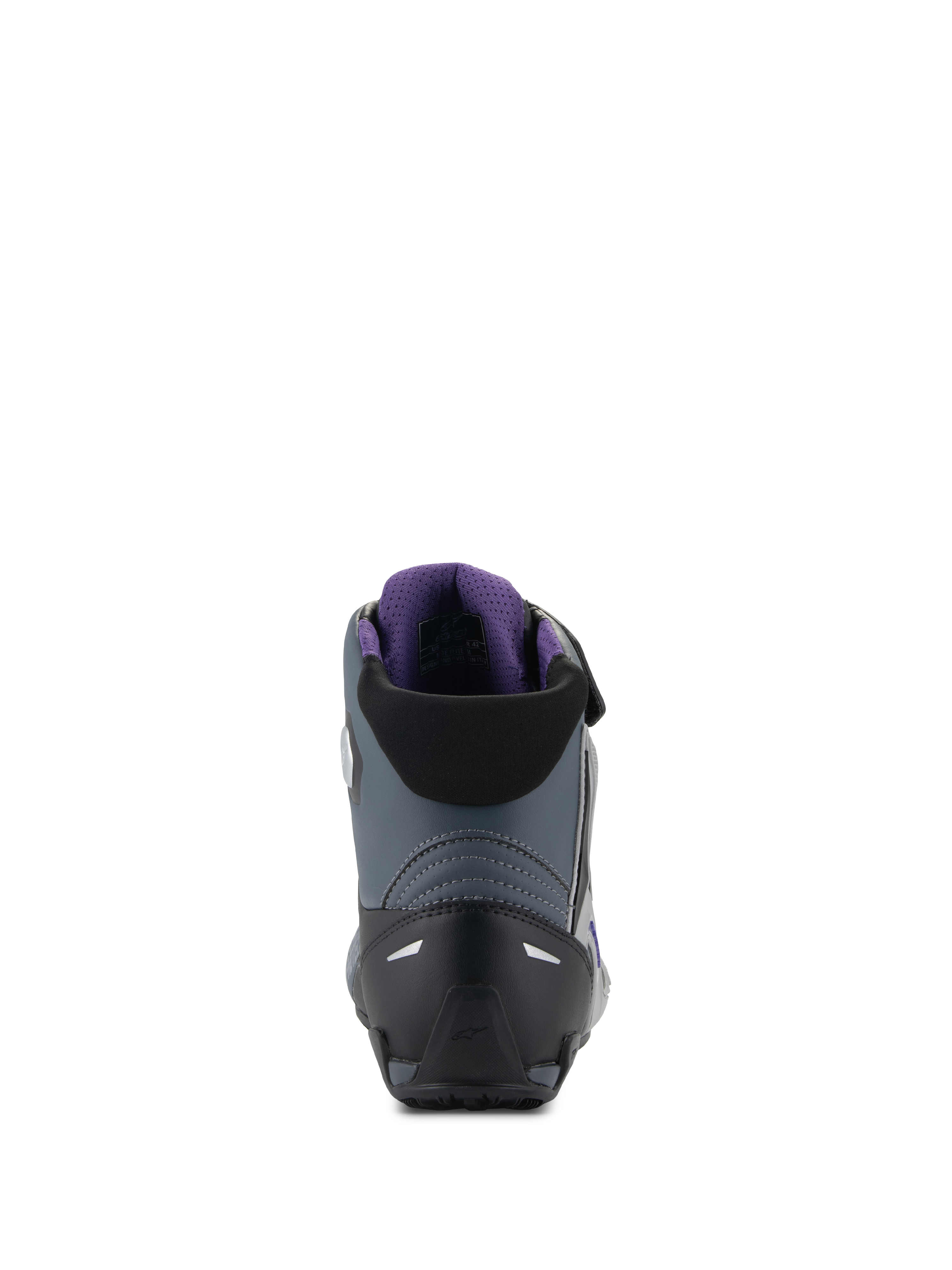 Alpinestars Stella Faster-4 Women's Motorcycle Riding Shoes, Black and Gray, rear view showing heel counter and violet lining.