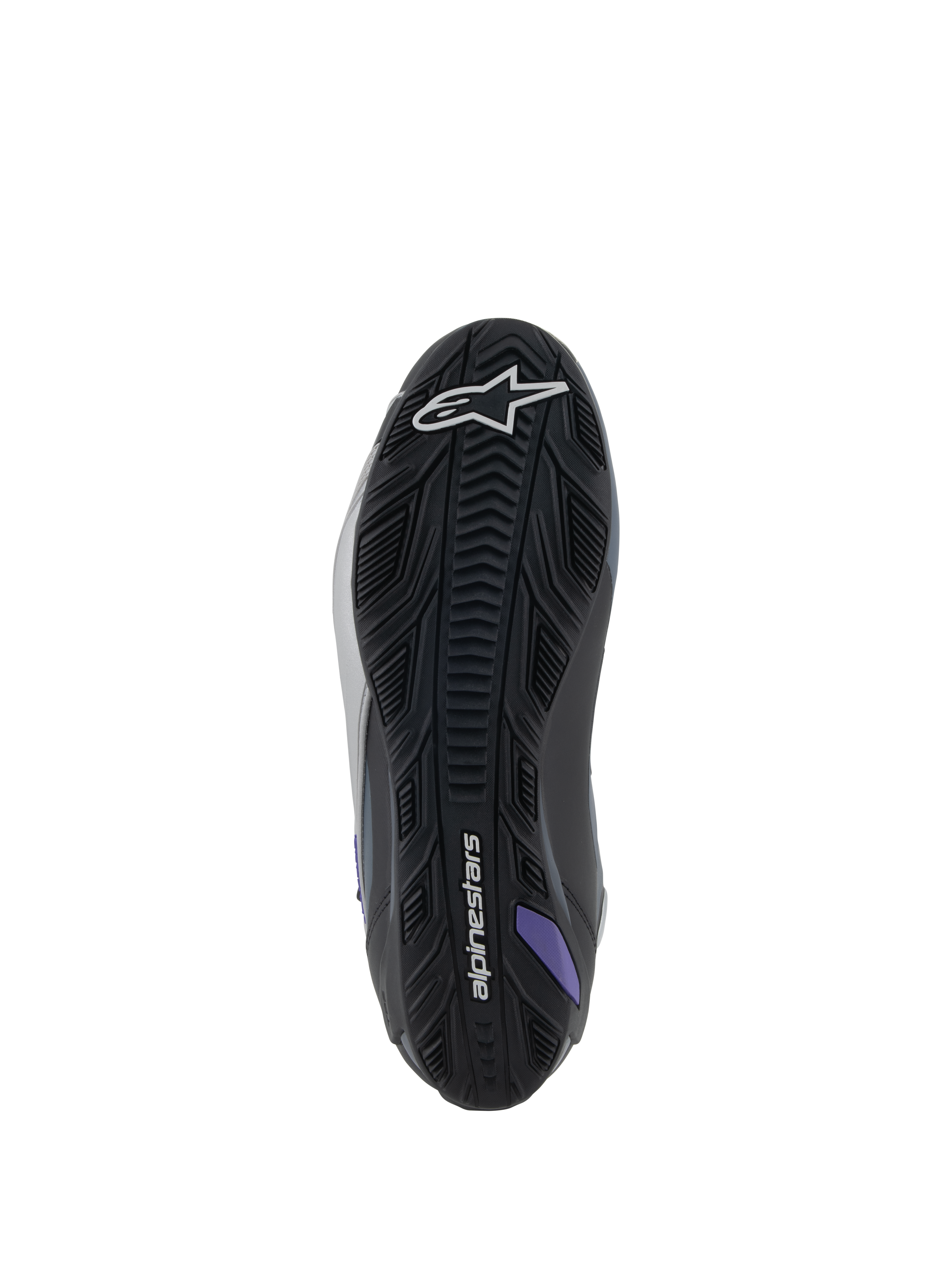 Alpinestars Stella Faster-4 Women's Motorcycle Riding Shoes, sole view, Black, Gray, and Violet, textured rubber grip.