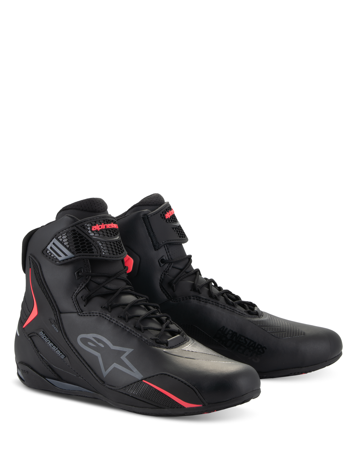 Alpinestars Stella Faster-4 sko, motorcykelsko til damer, sort og Diva Pink, teknisk high-top design med snørelukning og justerbar rem, med Alpinestars-logo og iøjnefaldende lyserøde detaljer, strømlinet beskyttelsesfodtøj til vejkørsel