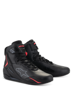 Alpinestars Stella Faster-4 Shoes, Women's Motorcycle Riding Shoes, Black and Diva Pink, technical high-top design with lace closure and adjustable strap, featuring the Alpinestars logo and vibrant pink accents, sleek protective footwear for road riding