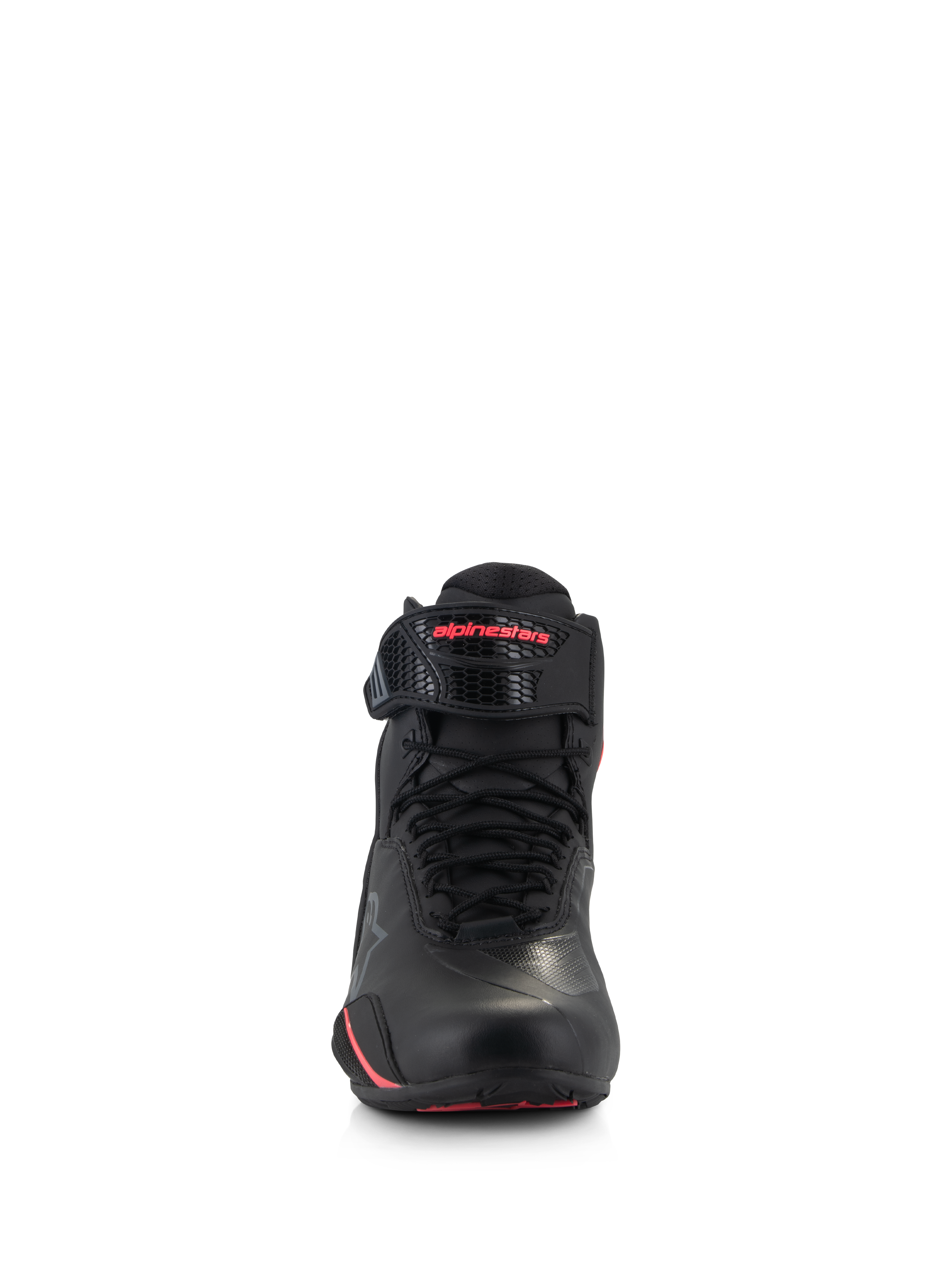 Alpinestars Woman Stella Faster-4 Shoes, Women's Motorcycle Riding Shoes, Black and Diva Pink, front view featuring black laces, adjustable ankle strap with pink logo, and sleek microfiber construction