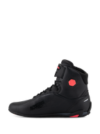 Alpinestars Woman Stella Faster-4 Shoes, Motorcycle Riding Shoes, Black and Diva Pink, featuring seamless microfiber upper, pink hexagonal ankle protector, Alpinestars Protect branding, and integrated lace and strap closure system