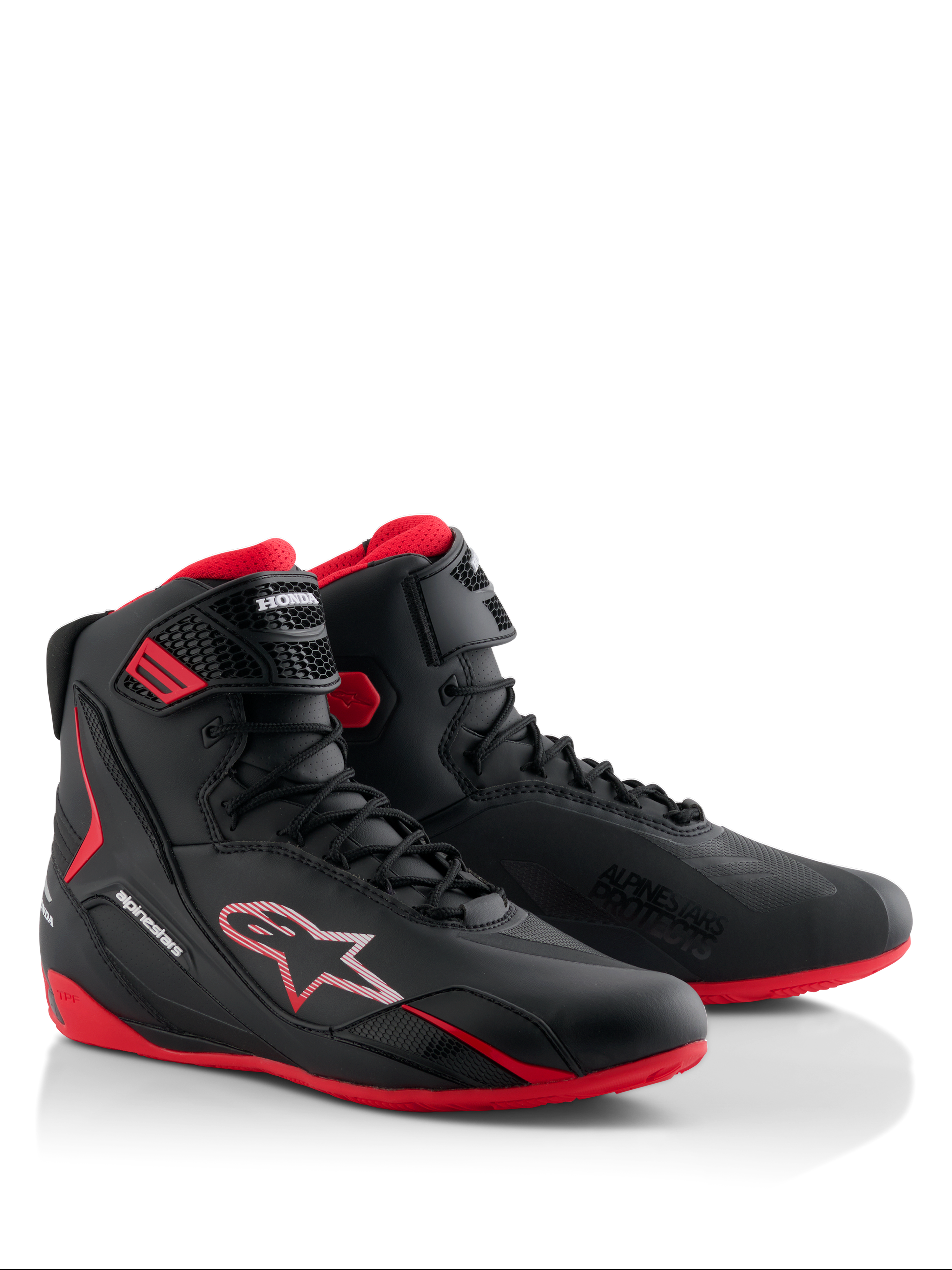 Alpinestars Honda Faster-4 sko, motorcykelkøresko, sort og rød, strømlinet high-top design med snørelukning og ankelrem, røde såler, Alpinestars- og Honda-branding