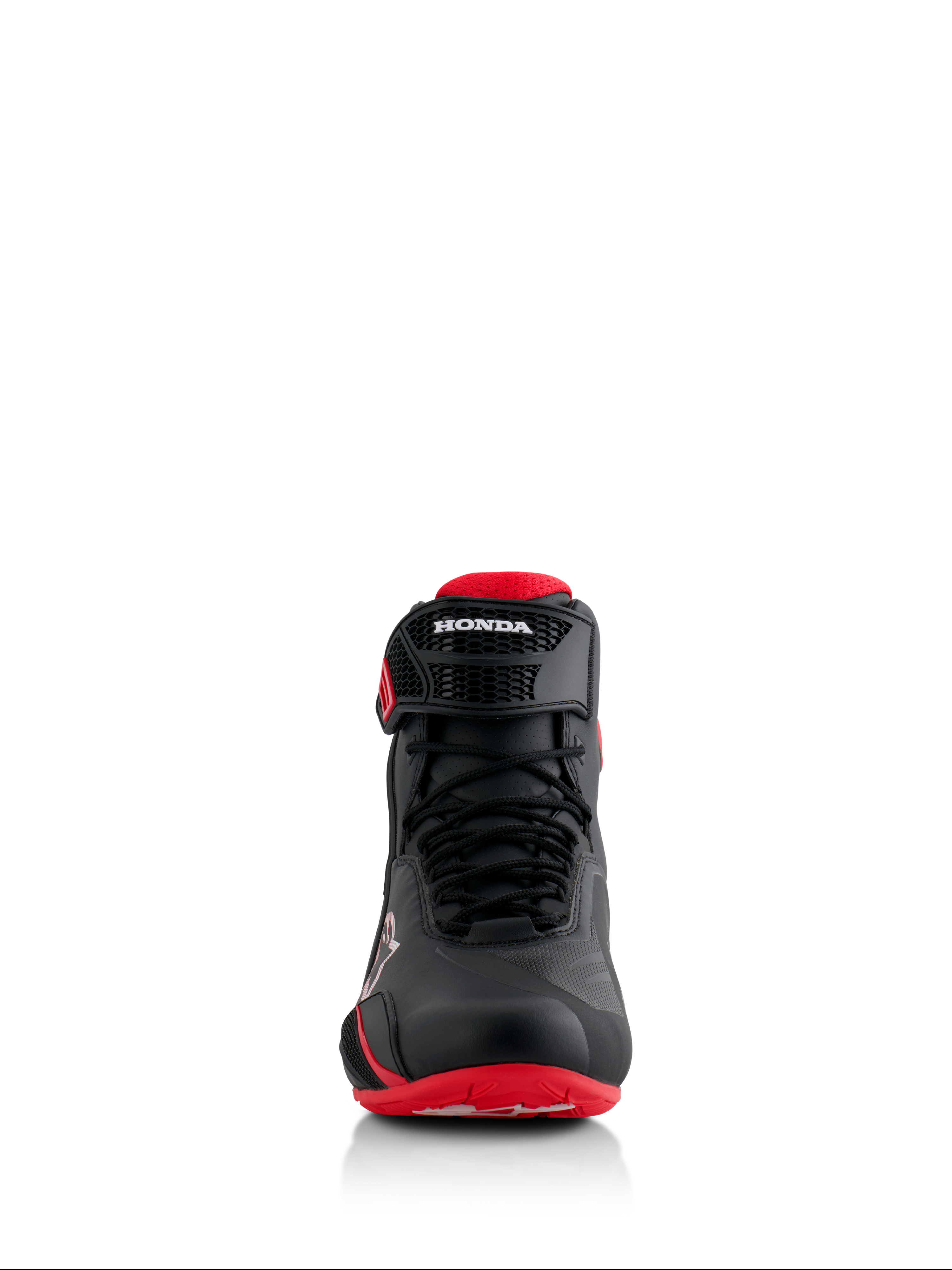 Alpinestars Honda Faster-4 sko, sort og rød, set forfra, med sømløs mikrofiberkonstruktion, snørelukning og justerbar ankelstrop med Honda-branding