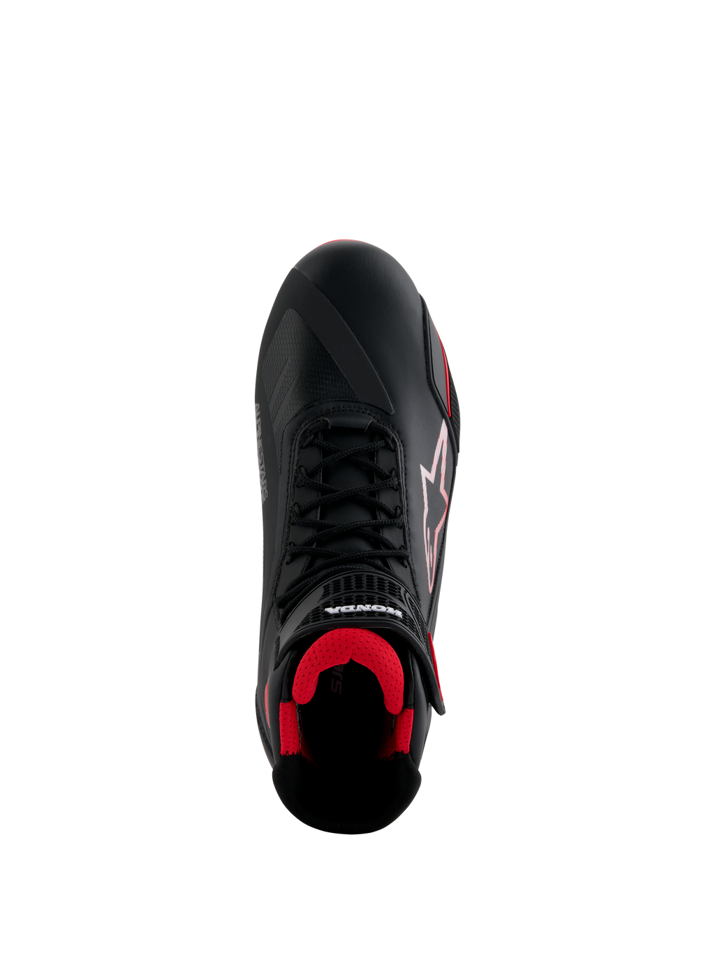 Alpinestars Honda Faster-4 sko, motorcykelsko, sort og rød, set oppefra med sort mikrofiber-overdel, rød mesh-indvendig, traditionelle sorte snørebånd og Alpinestars- og Honda-branding