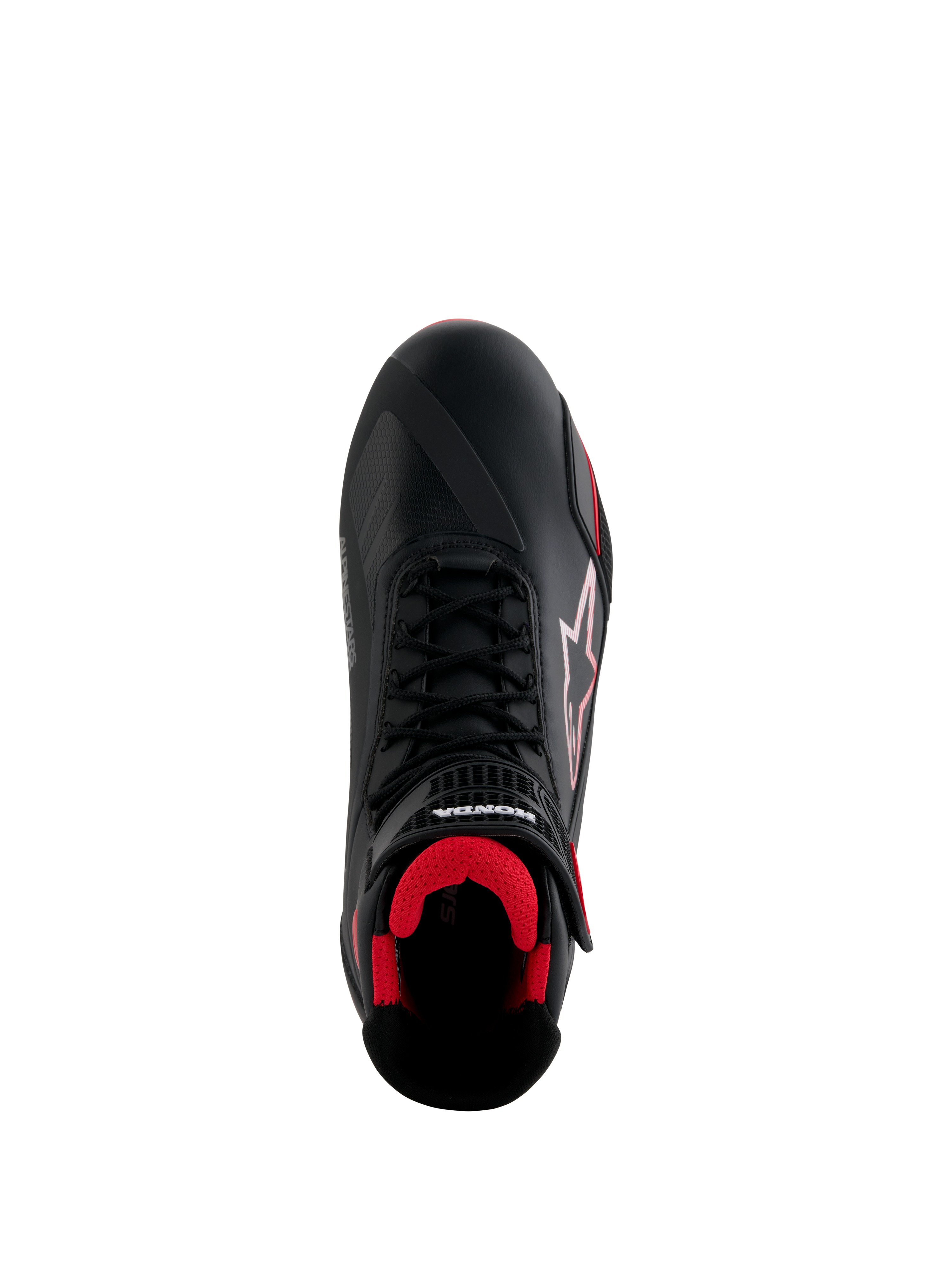 Alpinestars Honda Faster-4 sko, motorcykelsko, sort og rød, set oppefra med sort mikrofiber-overdel, rød mesh-indvendig, traditionelle sorte snørebånd og Alpinestars- og Honda-branding