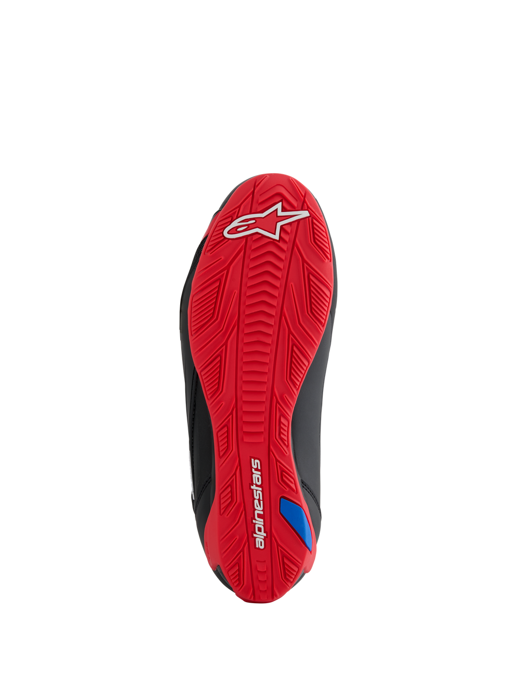 Alpinestars Honda Faster-4 sko, set fra sålen, klar rød tekstureret gummiydersål, hvidt Alpinestars-logo på hælen og tekstlogo på svangen, integreret grebsmønster til motorcykelkørsel, sorte sideaccenter
