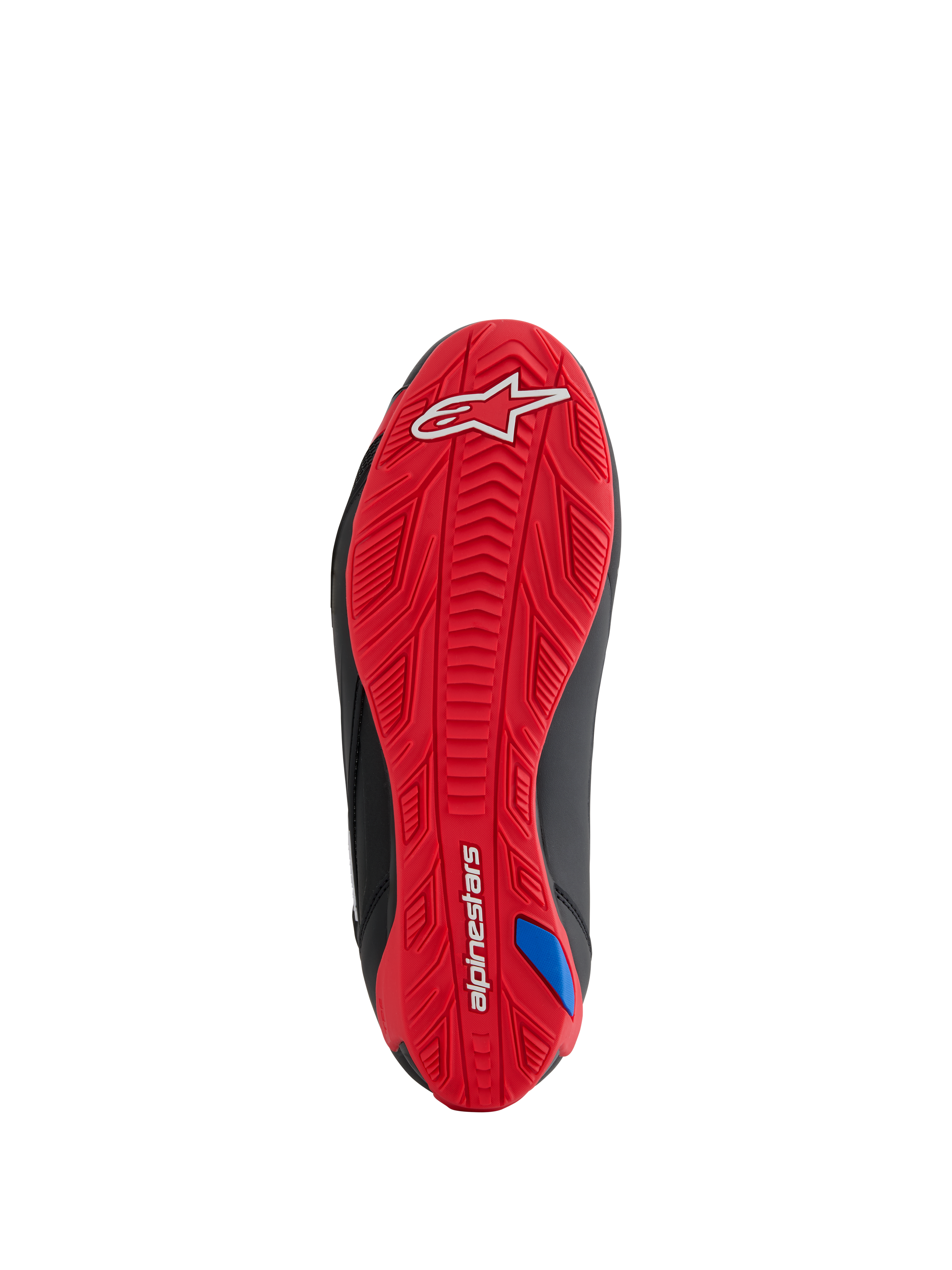 Alpinestars Honda Faster-4 sko, set fra sålen, klar rød tekstureret gummiydersål, hvidt Alpinestars-logo på hælen og tekstlogo på svangen, integreret grebsmønster til motorcykelkørsel, sorte sideaccenter