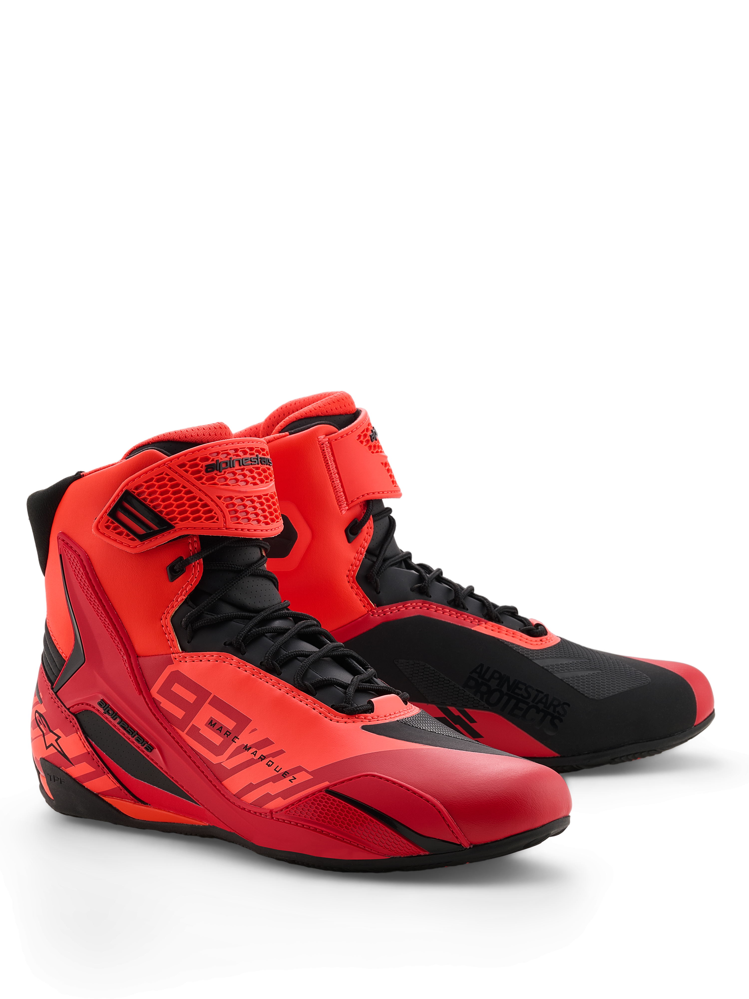 Alpinestars MM93 Faster-4 Shoes, Motorcycle Riding Shoes, Red Fluo, Bright Red, and Black, front-right perspective, featuring Marc Marquez 93 branding, traditional lace closure with hook-and-loop strap, sporty design with protective TPU accents and lightweight microfiber construction.