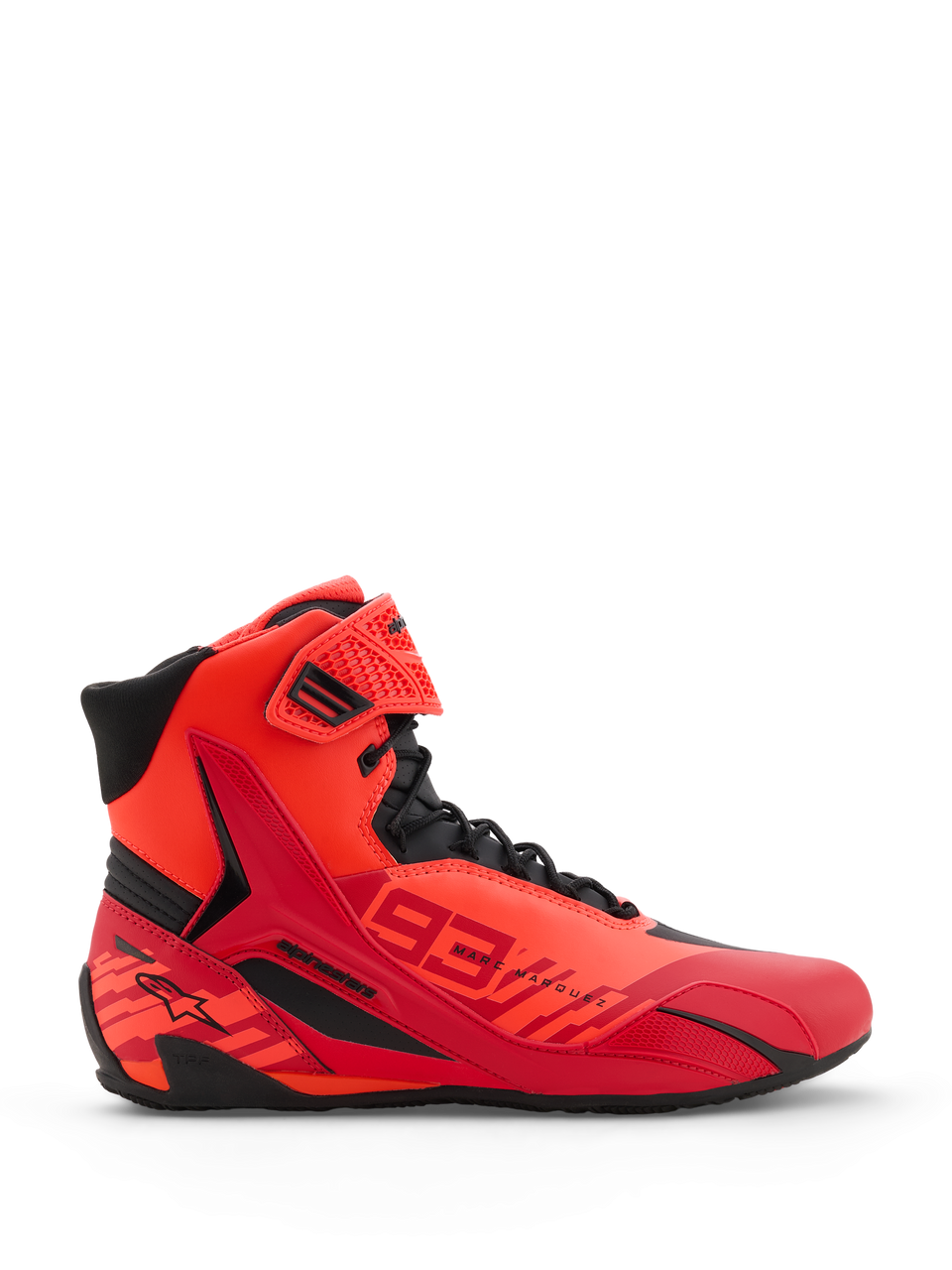 Alpinestars MM93 Faster-4 Shoes, Motorcycle Riding Shoes, Red Fluo Bright Red and Black, side profile view, featuring bold 93 Marc Marquez branding, lace-up closure with a hook-and-loop ankle strap, and protective TPR details.