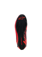 Alpinestars MM93 Faster-4 Shoes, Motorcycle Shoes, Red Fluo Bright Red and Black, bottom sole view showing textured rubber grip pattern, featuring red Alpinestars branding on the heel and forefoot, high-performance racing and sport footwear design
