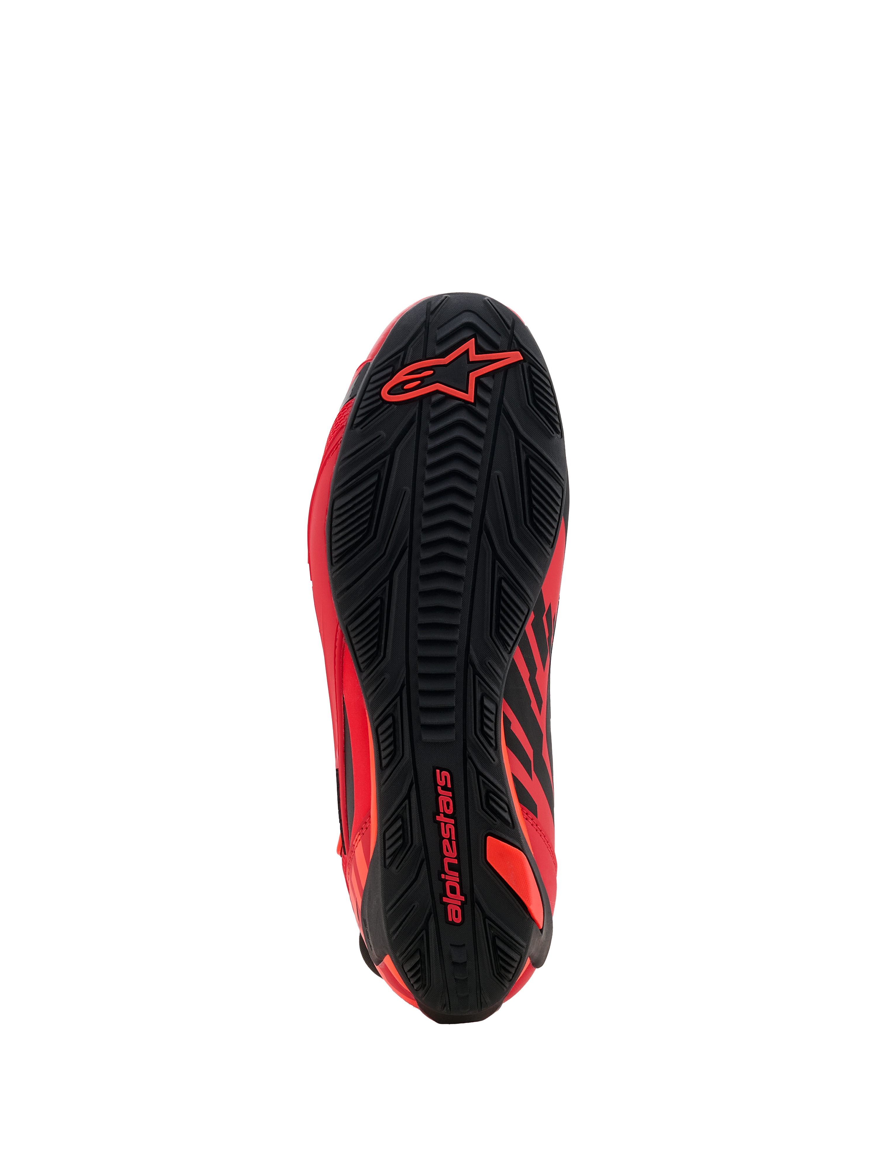 Alpinestars MM93 Faster-4 Shoes, Motorcycle Shoes, Red Fluo Bright Red and Black, bottom sole view showing textured rubber grip pattern, featuring red Alpinestars branding on the heel and forefoot, high-performance racing and sport footwear design
