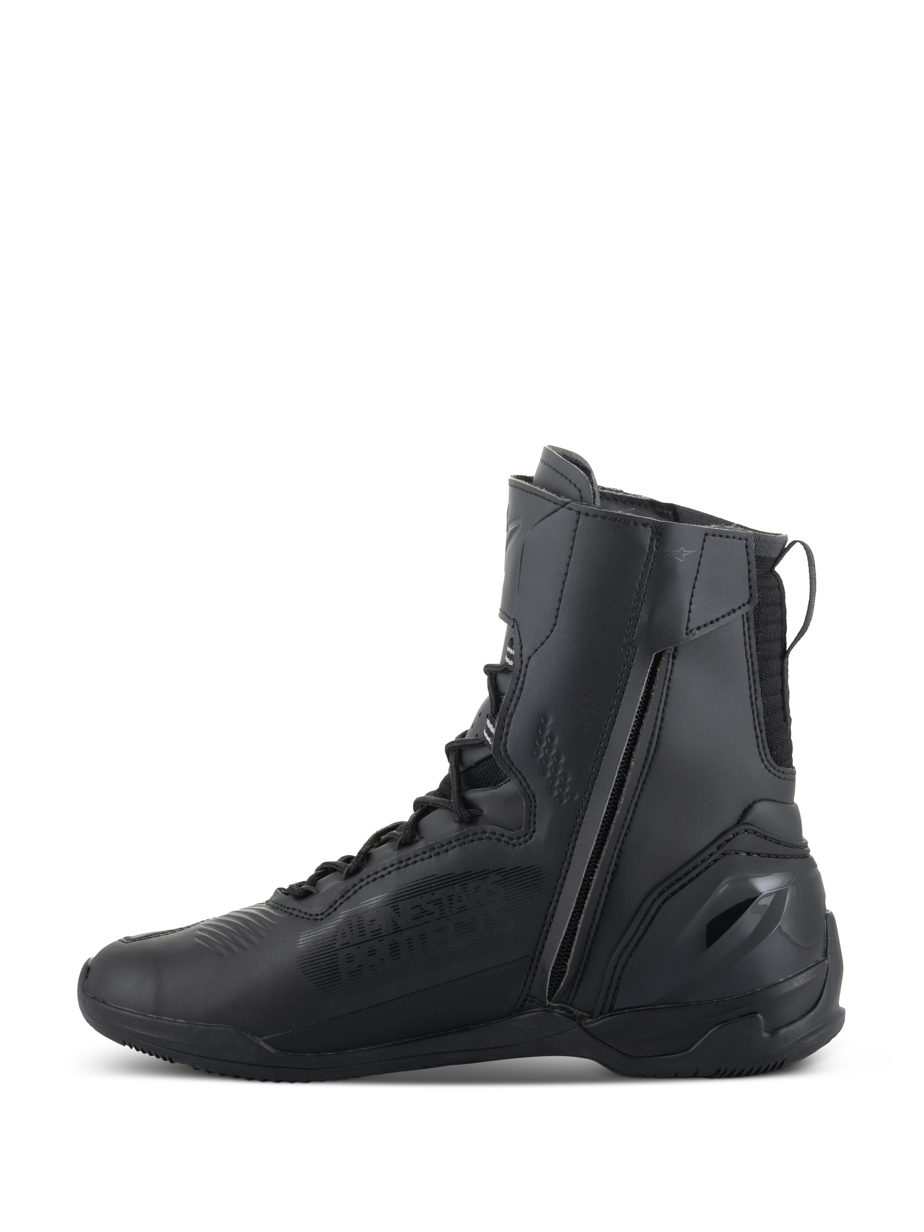 Alpinestars Superfaster-sko, motorcykel-køresko, sort, med en høj 25 cm profil, lang lynlås på den mediale side og speed lace-system, strømlinet sort mikrofiberdesign med forstærket hæl.