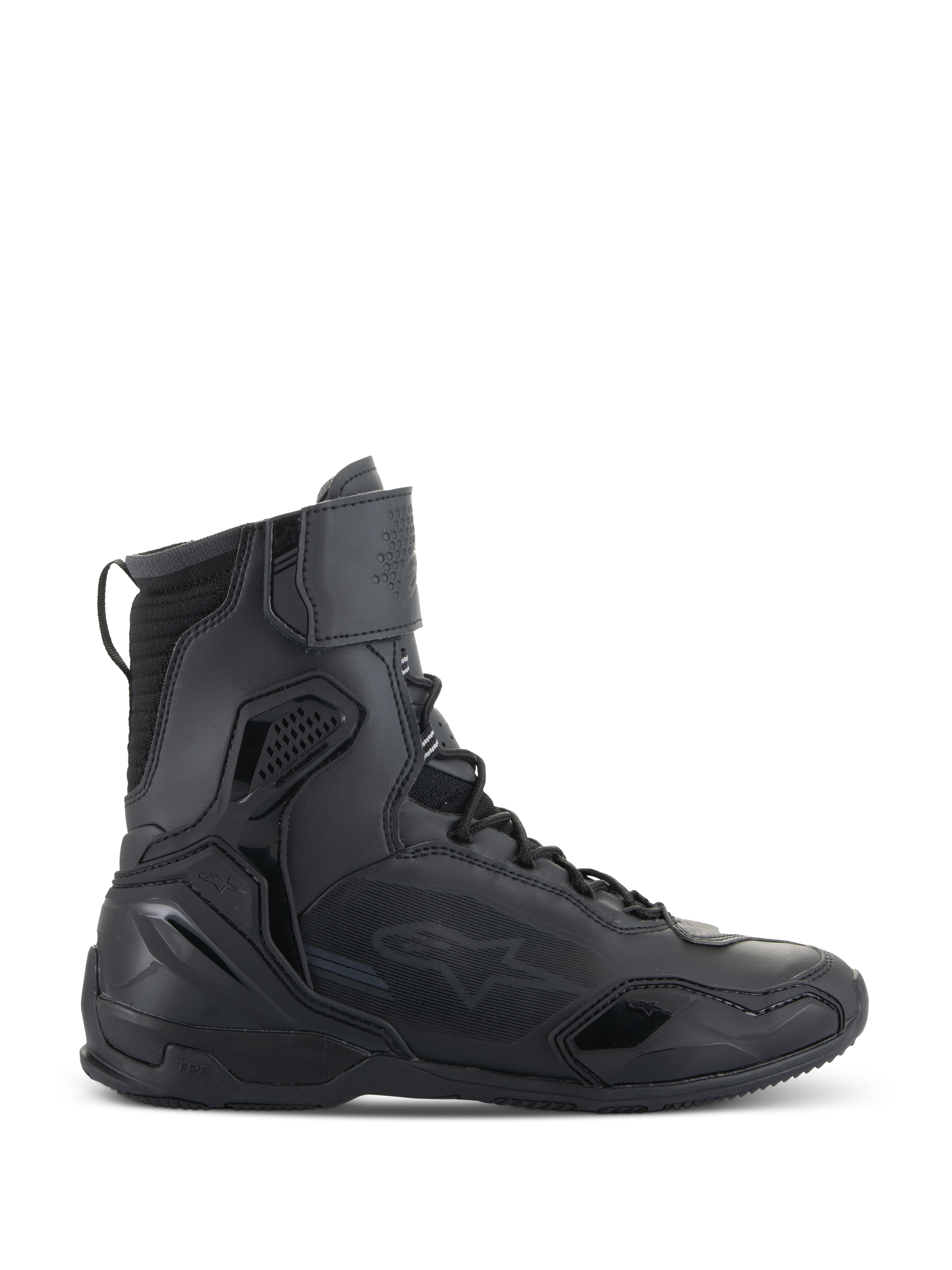 Alpinestars Superfaster sko, motorcykel køresko, sort, sideprofil af teknisk high-top fodtøj med integreret beskyttelse, speed lace-system og velcro-ankelrem