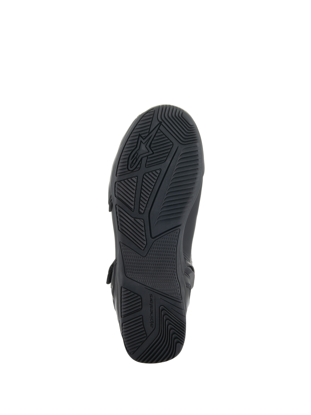 Alpinestars Superfaster sko, sort, set nedefra viser gummisålen med konstrueret greb og slidbanemønster, med Alpinestars logo og branding, designet til stabilitet under motorcykelkørsel.