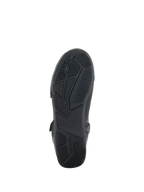 Alpinestars Superfaster sko, sort, set nedefra viser gummisålen med konstrueret greb og slidbanemønster, med Alpinestars logo og branding, designet til stabilitet under motorcykelkørsel.