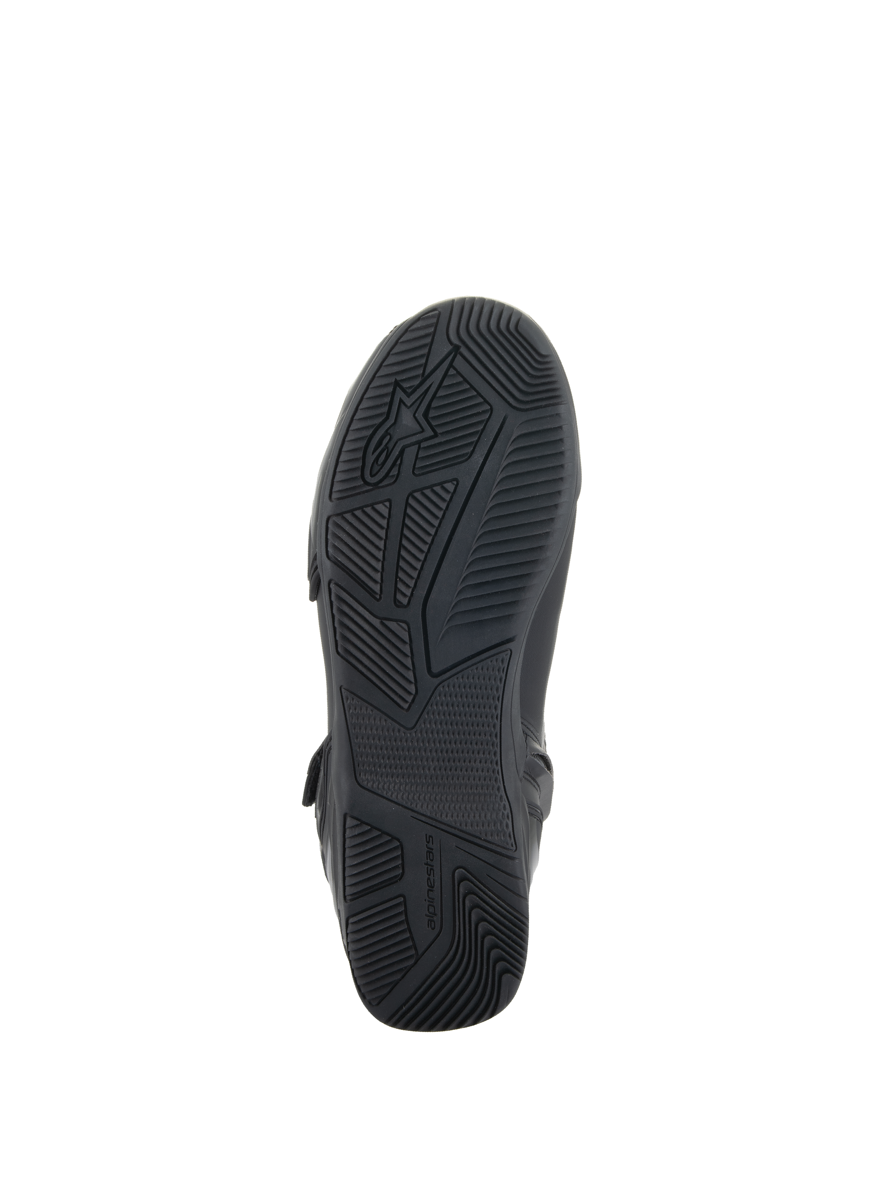 Alpinestars Superfaster sko, sort, set nedefra viser gummisålen med konstrueret greb og slidbanemønster, med Alpinestars logo og branding, designet til stabilitet under motorcykelkørsel.