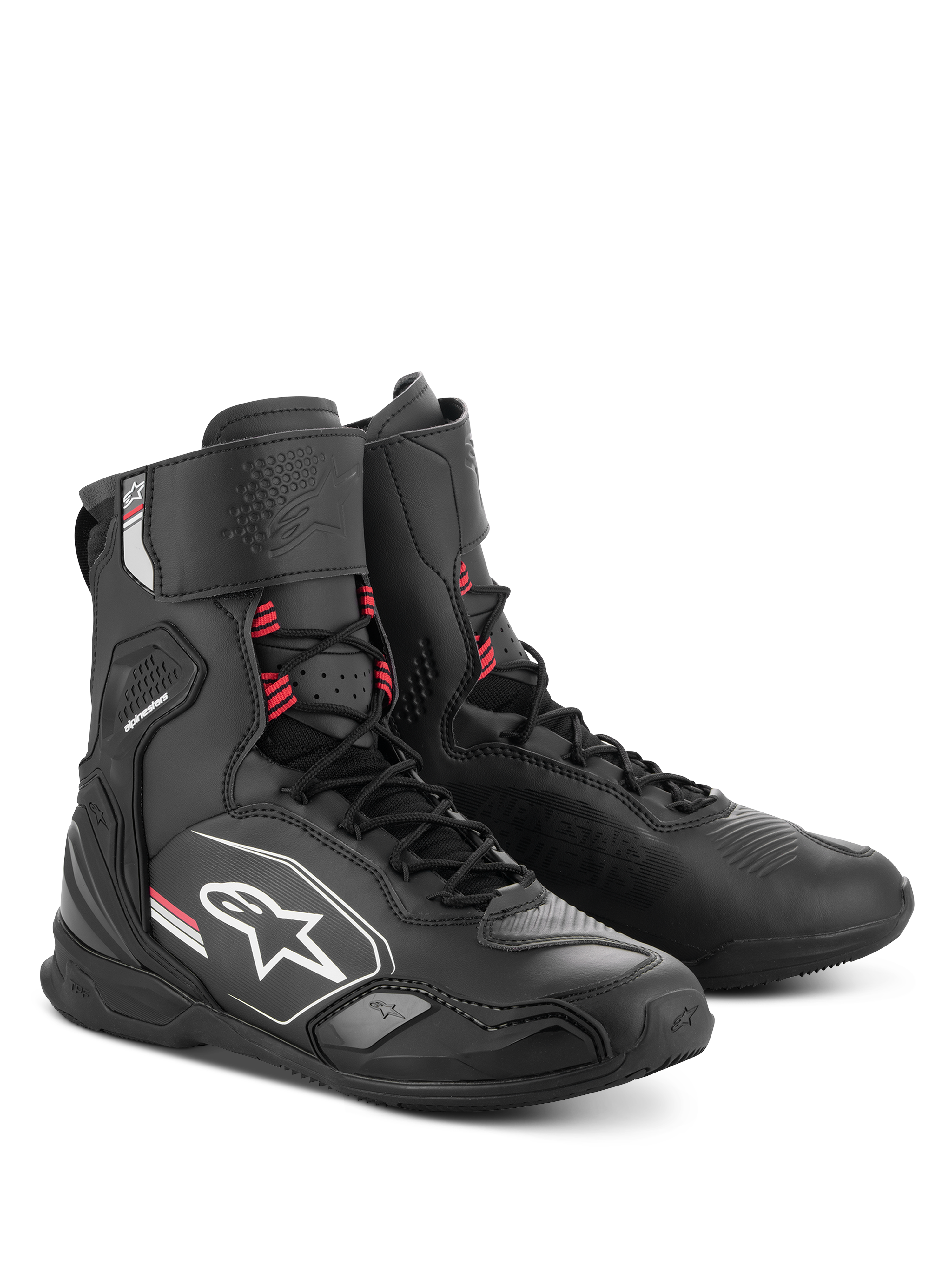 Alpinestars Superfaster sko, motorcykel køresko, sort, grå og rød, høj profil med integreret skinnebens- og ankelbeskyttelse, speed lace-system, strømlinet atletisk design med Alpinestars-logo