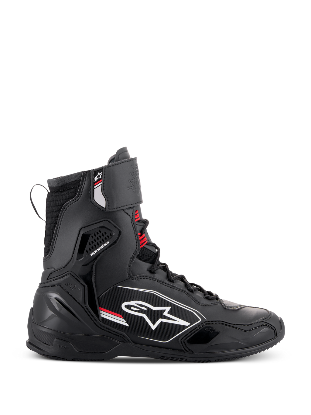 Alpinestars Superfaster sko, høje motorcykel-køresko, sort, grå og stærk rød, profilvisning fra siden med hvidt Alpinestars-logo, forstærket ankel- og hælbeskyttelse, snøresystem med rem øverst
