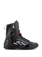 Alpinestars Superfaster sko, høje motorcykel-køresko, sort, grå og stærk rød, profilvisning fra siden med hvidt Alpinestars-logo, forstærket ankel- og hælbeskyttelse, snøresystem med rem øverst