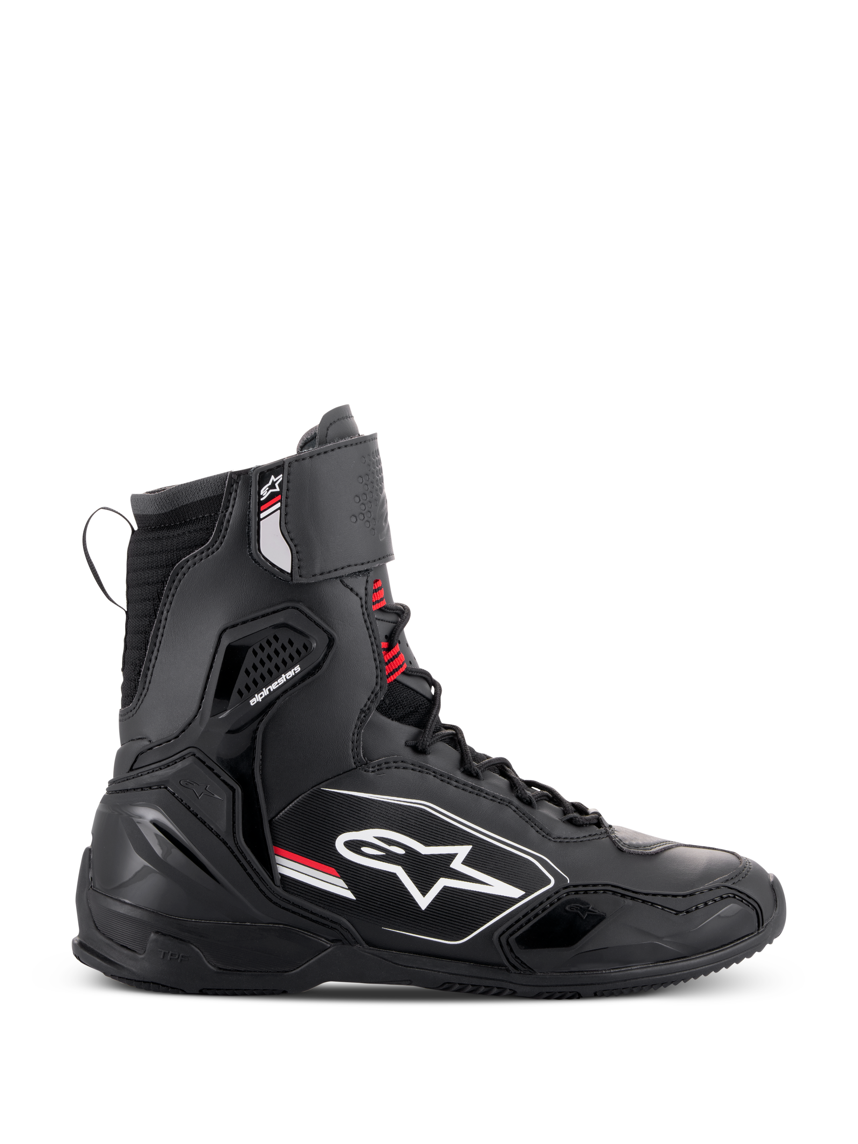 Alpinestars Superfaster sko, høje motorcykel-køresko, sort, grå og stærk rød, profilvisning fra siden med hvidt Alpinestars-logo, forstærket ankel- og hælbeskyttelse, snøresystem med rem øverst