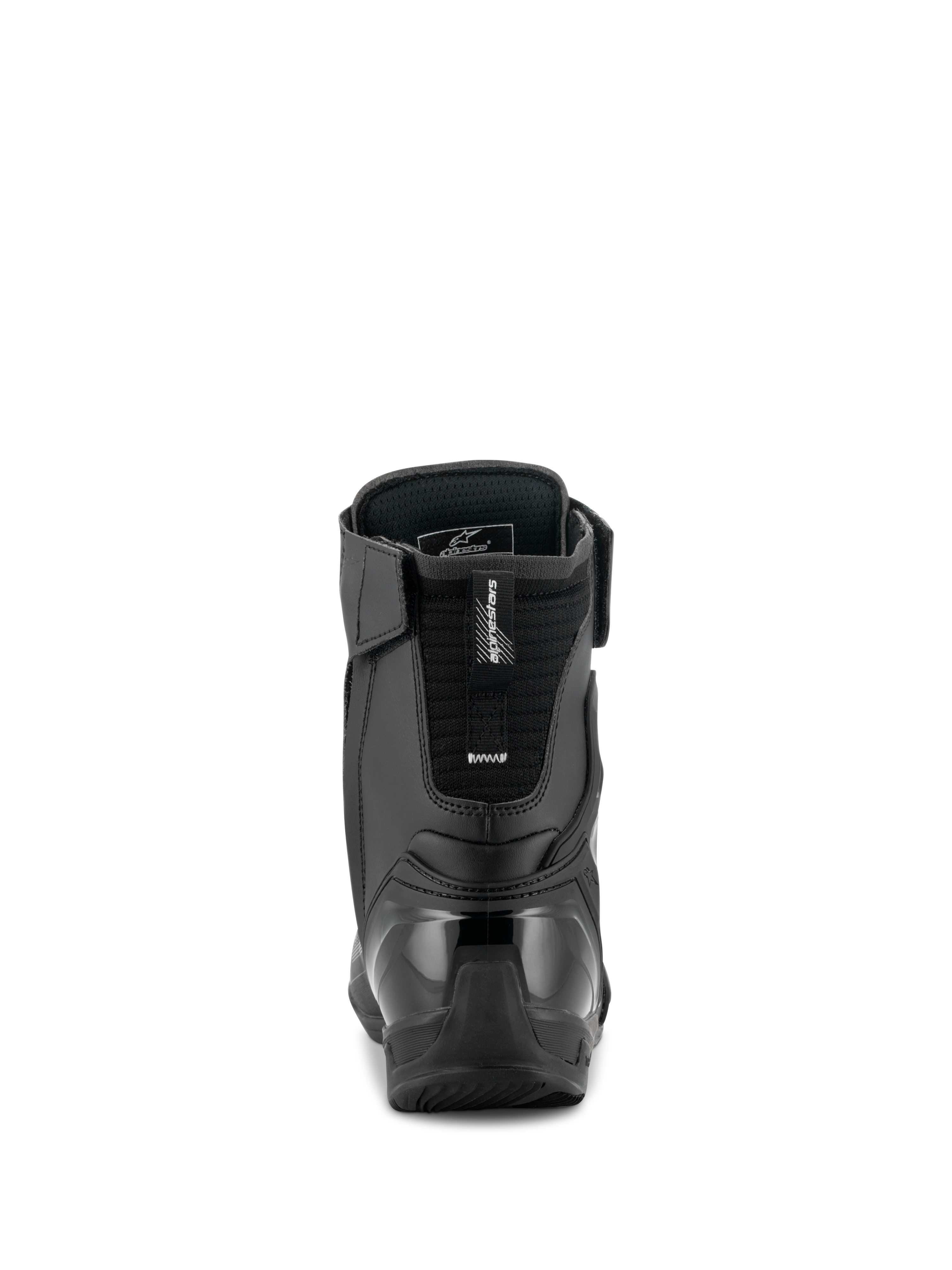 Alpinestars Superfaster-sko, sort grå klar rød, set bagfra, som viser den forstærkede TPU-hælkappe og Achilles-forlængelse, teknisk high-top motorcykel-køresko med mikrofiberpaneler.