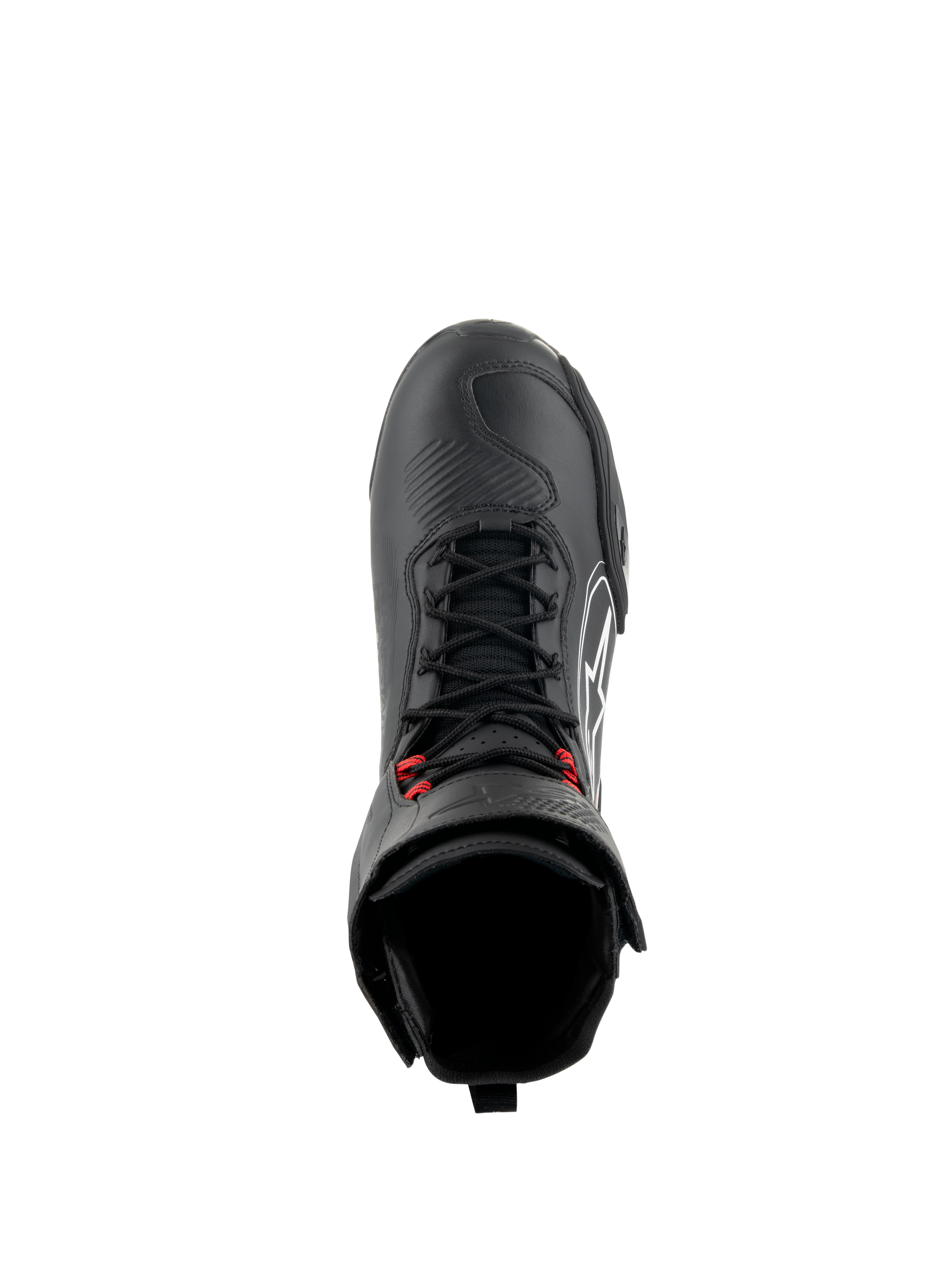 Alpinestars Superfaster sko, sort/grå/rød motorcykelsko, set oppefra med sorte speed laces og røde detaljer, forstærket tåboks og høj ankelkrave, teknisk fodtøj til landevejs- og sportskørsel