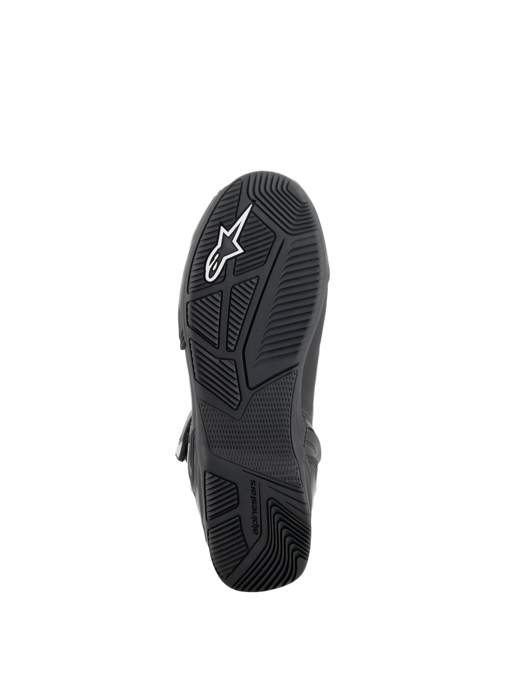 Alpinestars Superfaster sko, Sort/Grå/Knaldrød, undersiden af den sorte gummisål med et teknisk mønster for greb, integreret TPF-beskyttelsesramme og hvidt Alpinestars-logo.