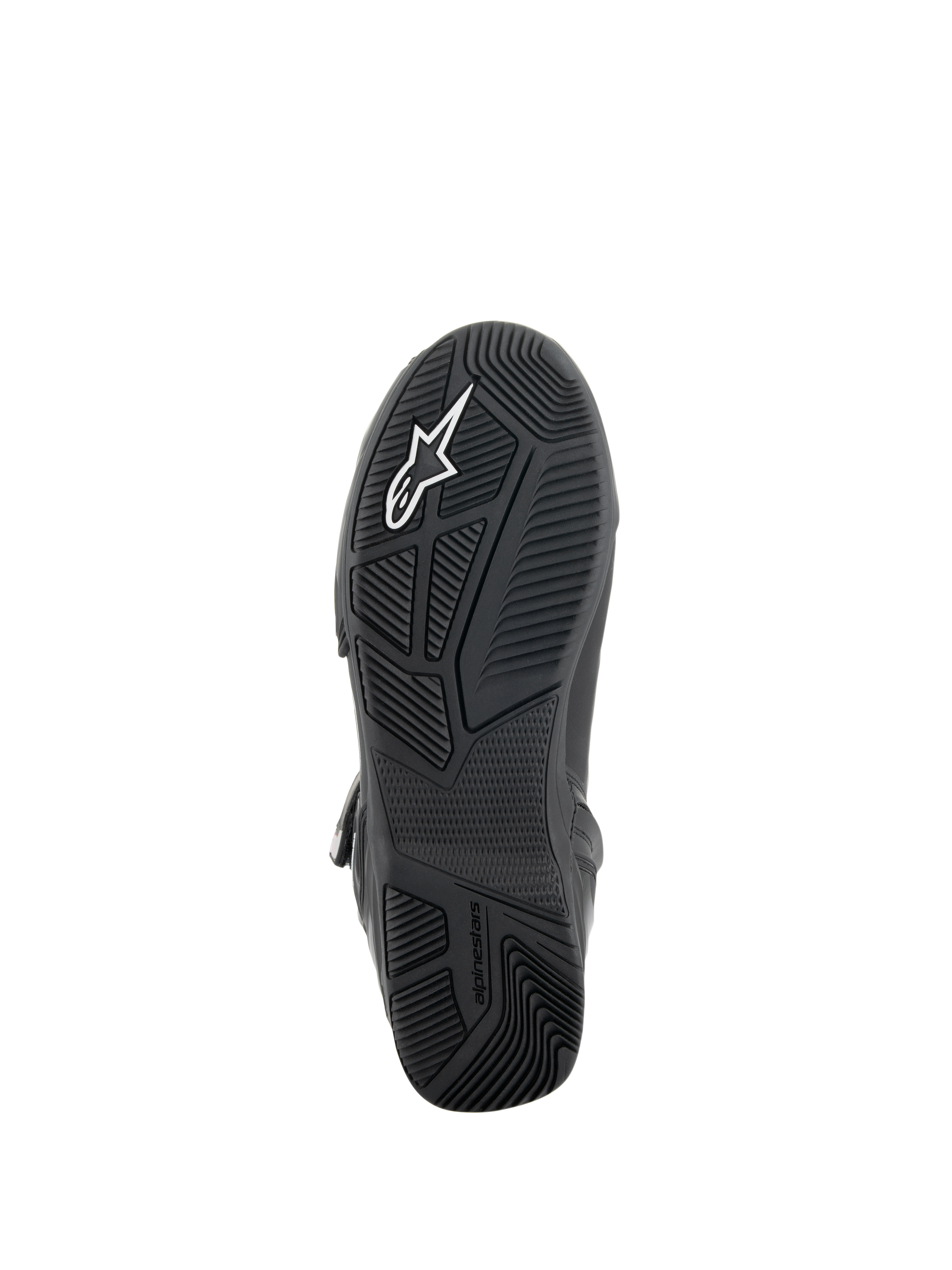 Alpinestars Superfaster sko, Sort/Grå/Knaldrød, undersiden af den sorte gummisål med et teknisk mønster for greb, integreret TPF-beskyttelsesramme og hvidt Alpinestars-logo.