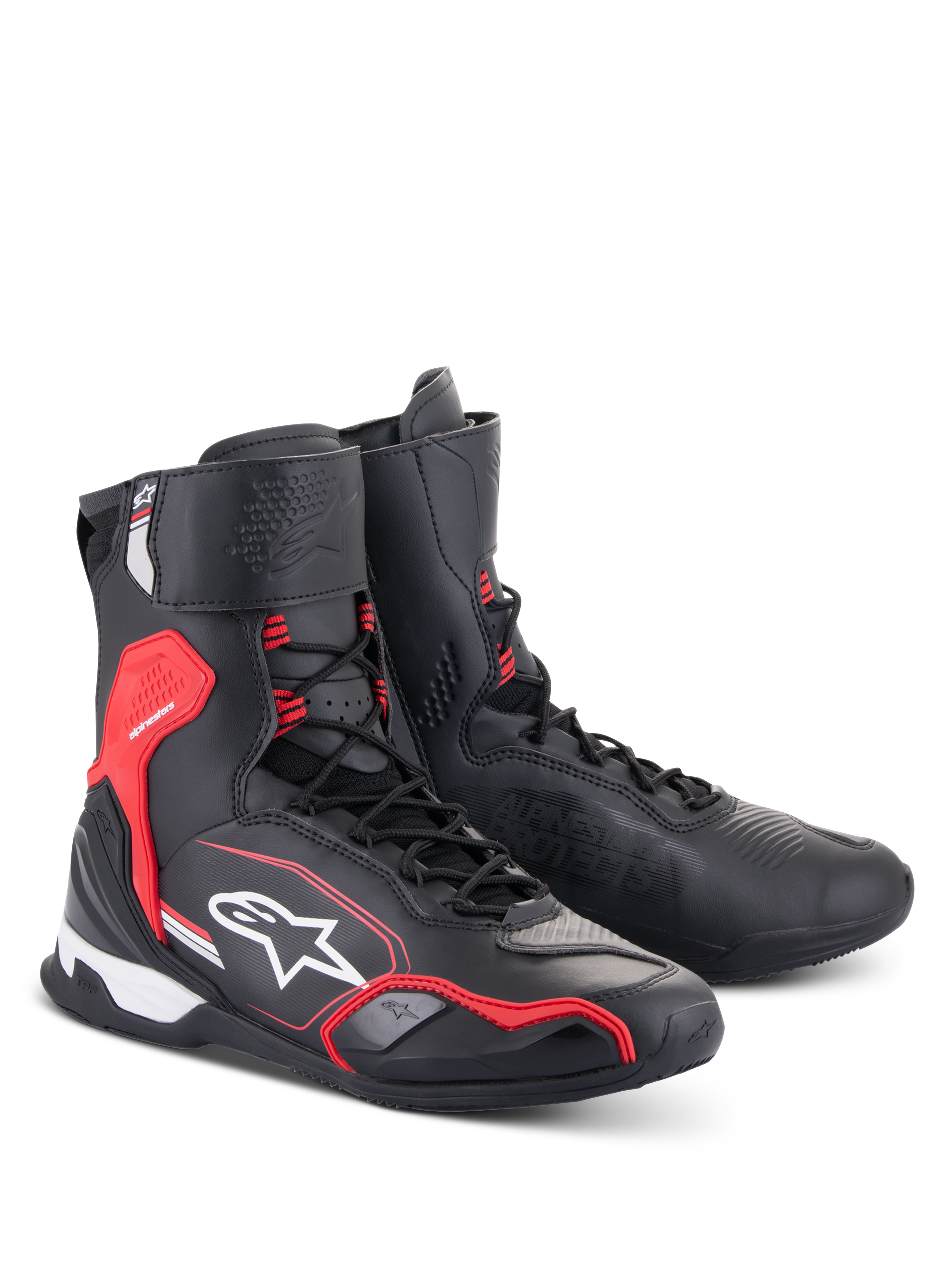 Alpinestars Superfaster sko, motorcykel køresko, sort, klar rød og hvid, high-top design med hastighedssnøresystem, forstærket ankel- og hælbeskyttelse, med Alpinestars-branding og teknisk mikrofiberkonstruktion