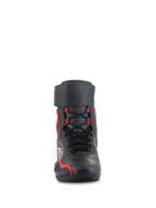 Alpinestars Superfaster sko, højskaftede motorcykel-køresko, sort med skarpe røde og hvide detaljer, set forfra med speed lace-system, beskyttende skinnebensrem med præget stjernelogo og forstærket tåområde.
