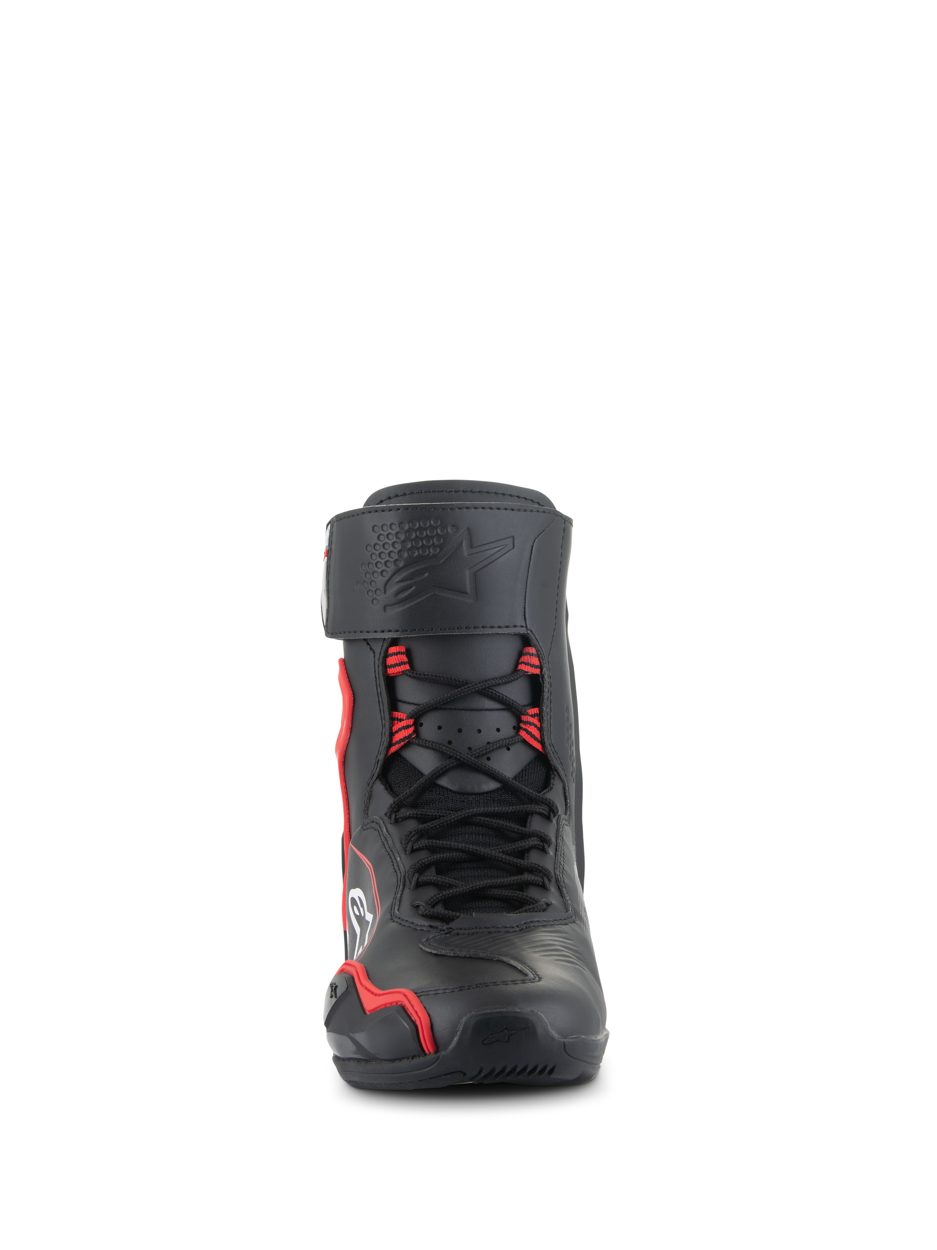Alpinestars Superfaster sko, højskaftede motorcykel-køresko, sort med skarpe røde og hvide detaljer, set forfra med speed lace-system, beskyttende skinnebensrem med præget stjernelogo og forstærket tåområde.
