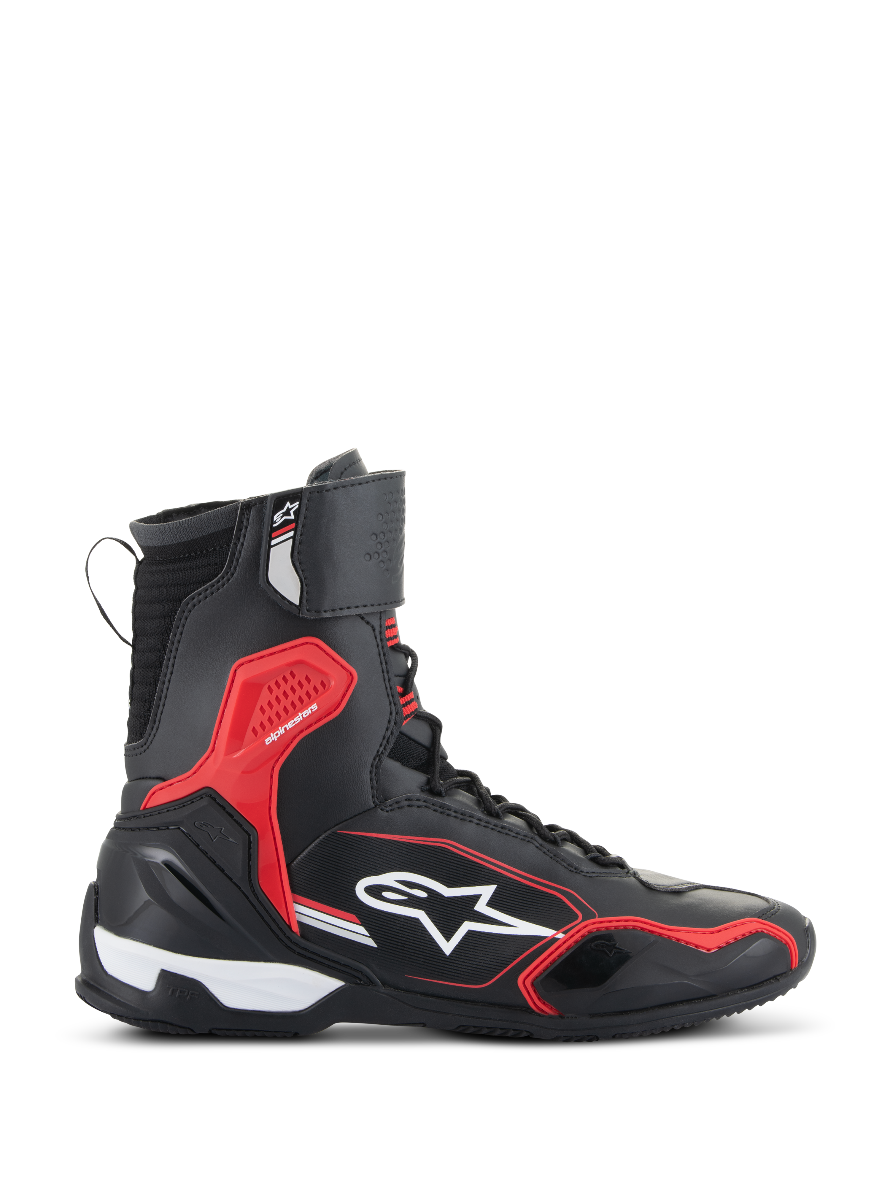 Alpinestars Superfaster sko, sort, klar rød og hvid, høj motorcykel-køresko med mikrofiber- og Rideknit-paneler, røde beskyttende TPU-detaljer og hvidt stjernelogo på siden.